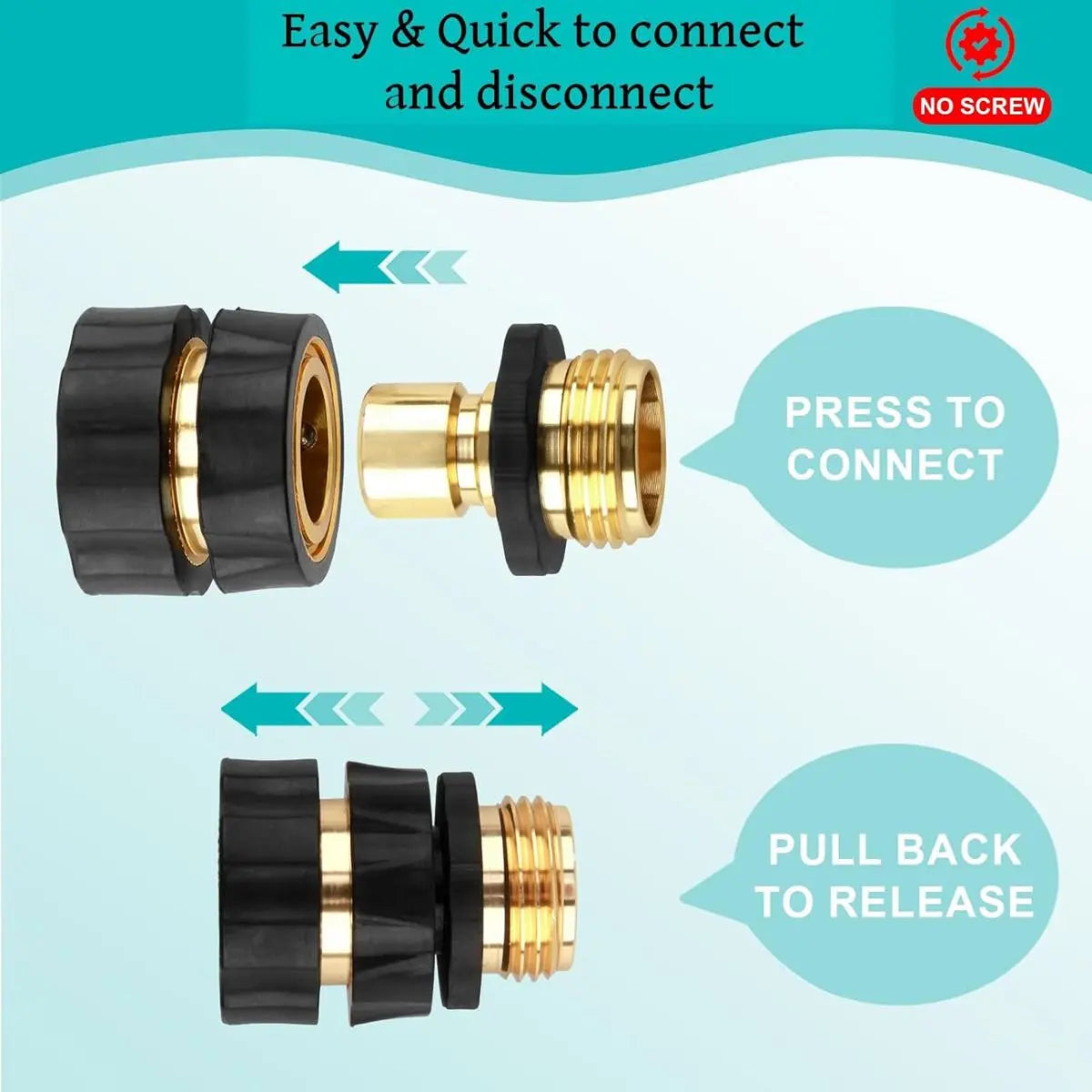 6PCS Aluminum Garden Water Connectors Set Pack, Leak-Proof Durable Fittings with Quick-Click Fit, 3/4" Size Male & Female Ends and Rubber Washers for Outdoor Watering & Irrigation