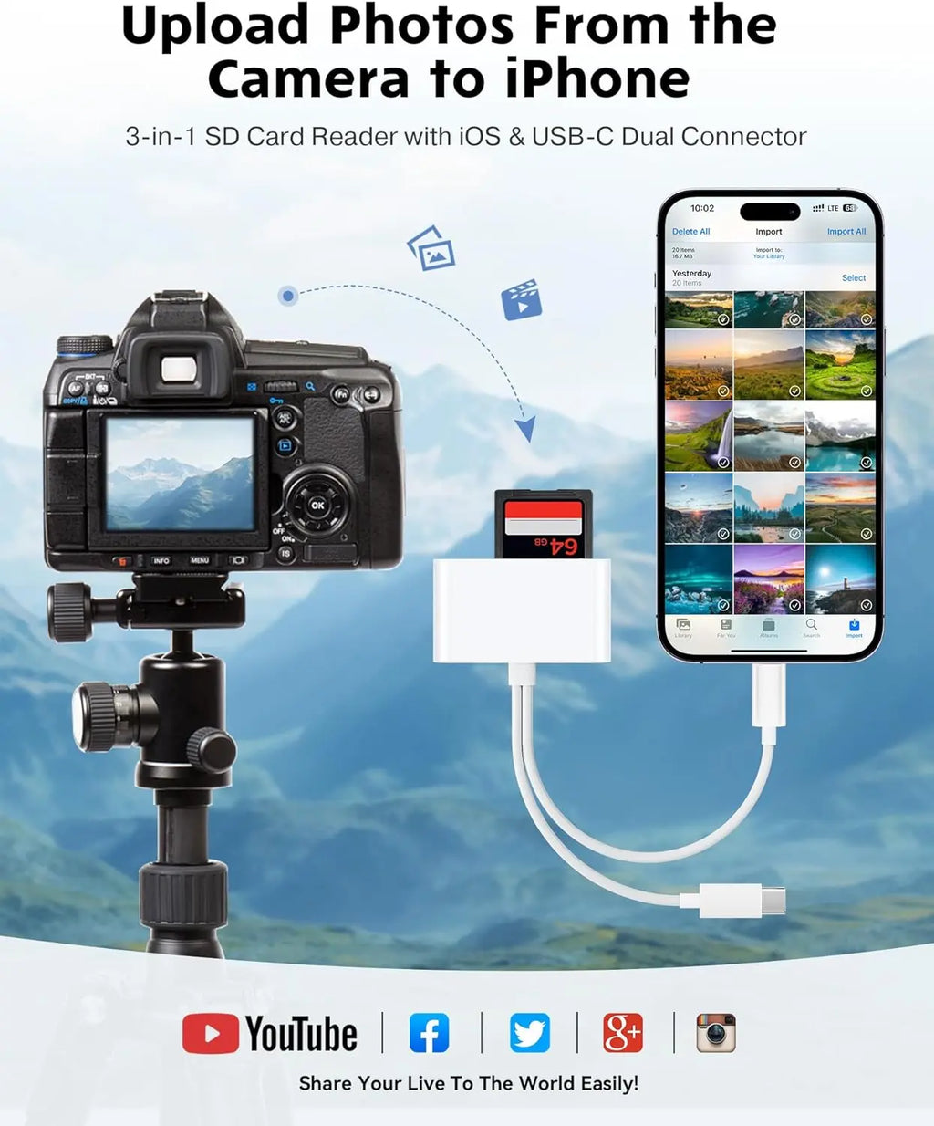 SD card reader is suitable for iPhone and iPad cameras. It has a USB C dual-card slot and USB 3.0 storage card reader. It supports SD/TF cards and can be used as a tracking camera viewer. SD card adapter is a portable Micro SD card reader.