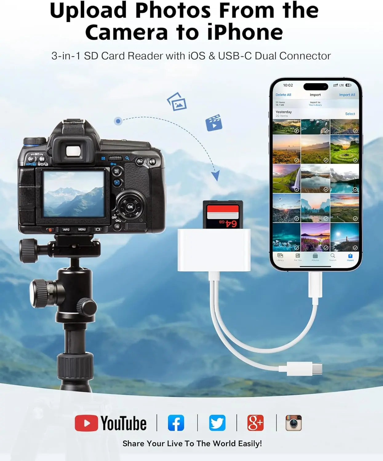SD card reader is suitable for iPhone and iPad cameras. It has a USB C dual-card slot and USB 3.0 storage card reader. It supports SD/TF cards and can be used as a tracking camera viewer. SD card adapter is a portable Micro SD card reader.