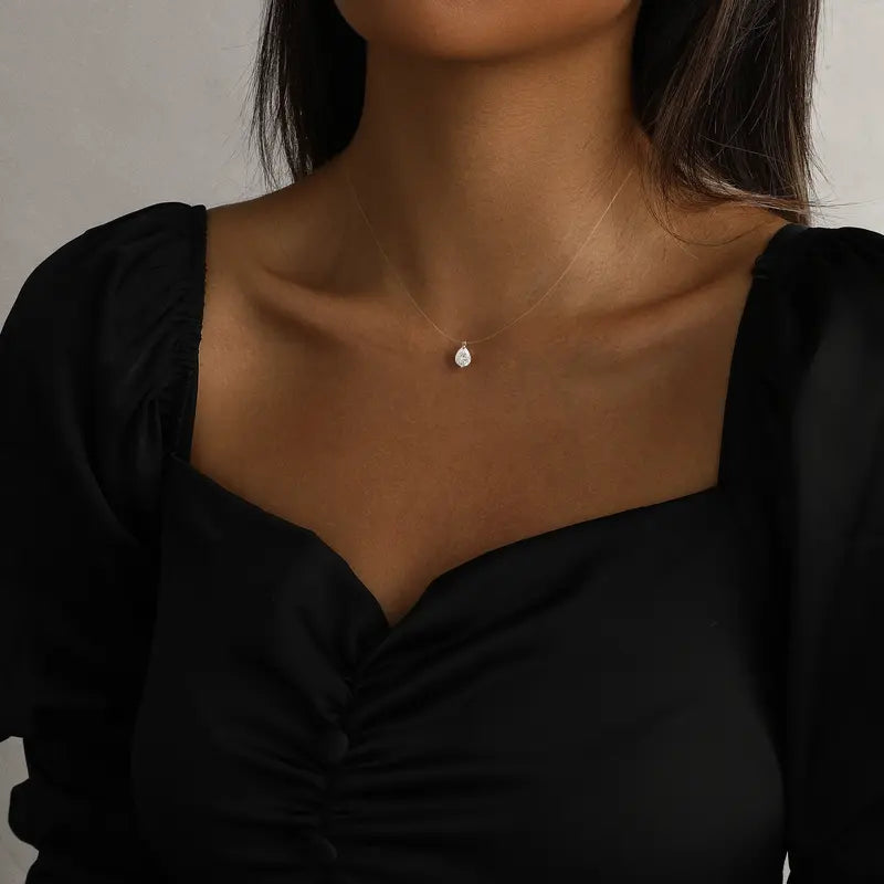 Tasiso Women's Sparkling CZ Pendant Necklace - 39cm Transparent Cord, Adjustable Minimalist Choker, Office Attire Everyday Layering Necklaces, Gifts for Women