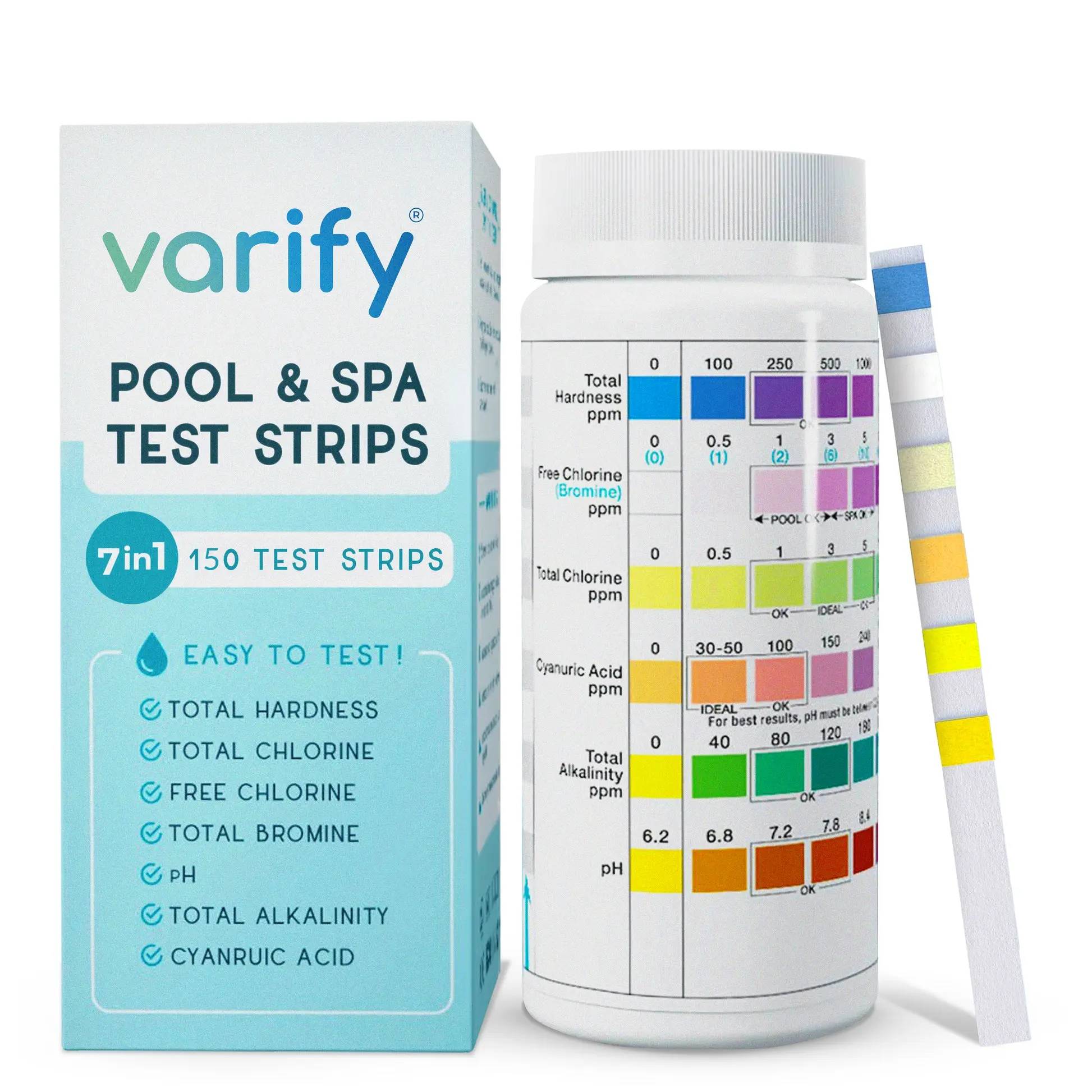VARIFY 7-in-1 Multi-Parameter Pool & Spa Water Testing Strips Kit - Outdoor Pools Maintenance, Under 30s Results, Double Seal, Freshseal Accuracy Preservation, pH+Alk Check, Hardness, Chlorine, Bromine, Cyanuric Acid (150 Strips)