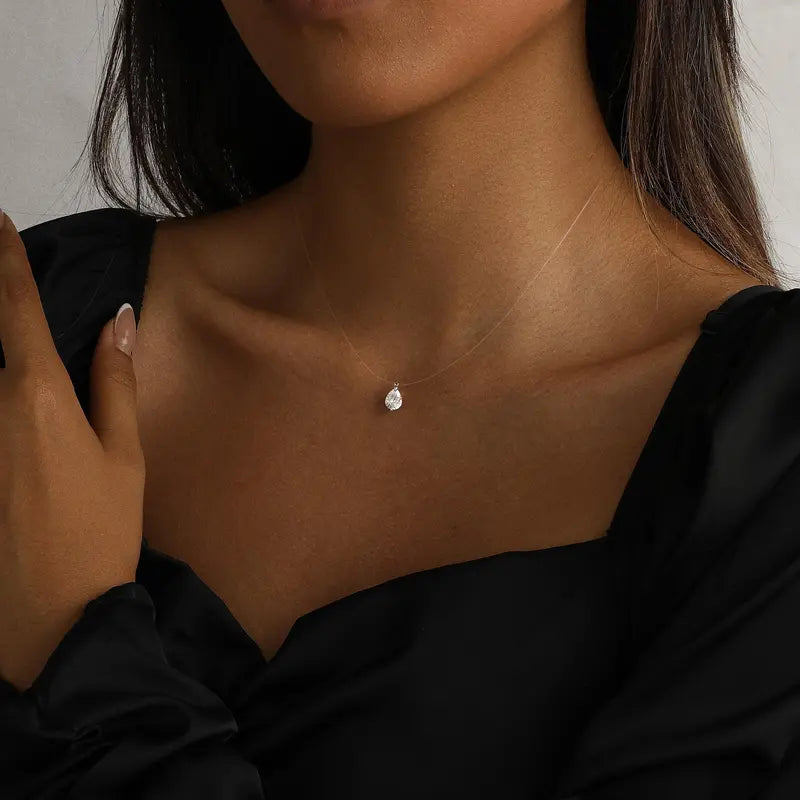 Tasiso Women's Sparkling CZ Pendant Necklace - 39cm Transparent Cord, Adjustable Minimalist Choker, Office Attire Everyday Layering Necklaces, Gifts for Women