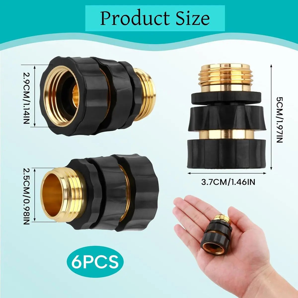 6PCS Aluminum Garden Water Connectors Set Pack, Leak-Proof Durable Fittings with Quick-Click Fit, 3/4" Size Male & Female Ends and Rubber Washers for Outdoor Watering & Irrigation