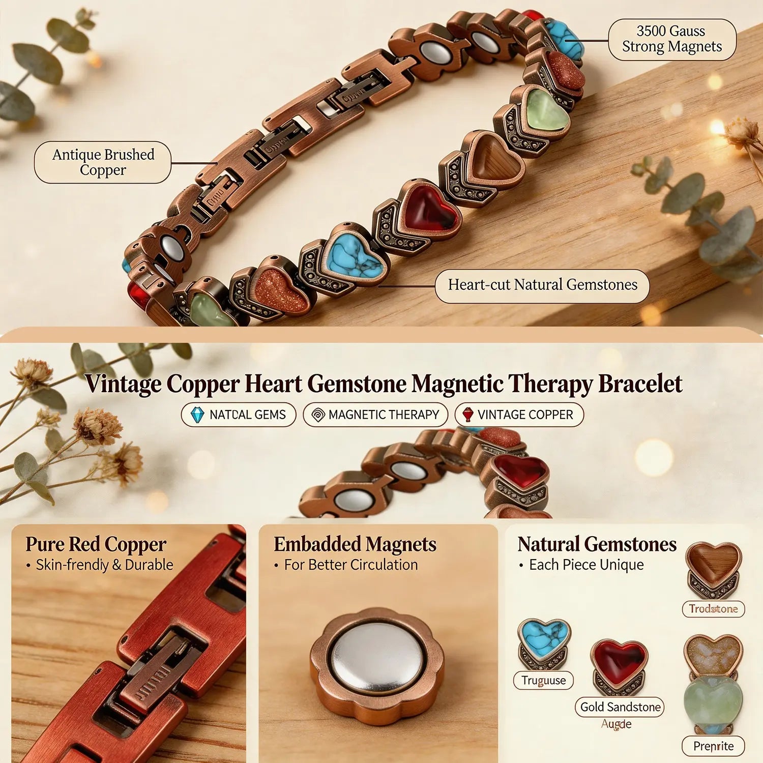 Copper Bracelet for Women, Pure Copper Magnetic Bracelets, Natural Unique Gemstone, Gifts for Women Trendy Stack Bangle Trendy Jewellery Accessories Valentine’s Day gift.