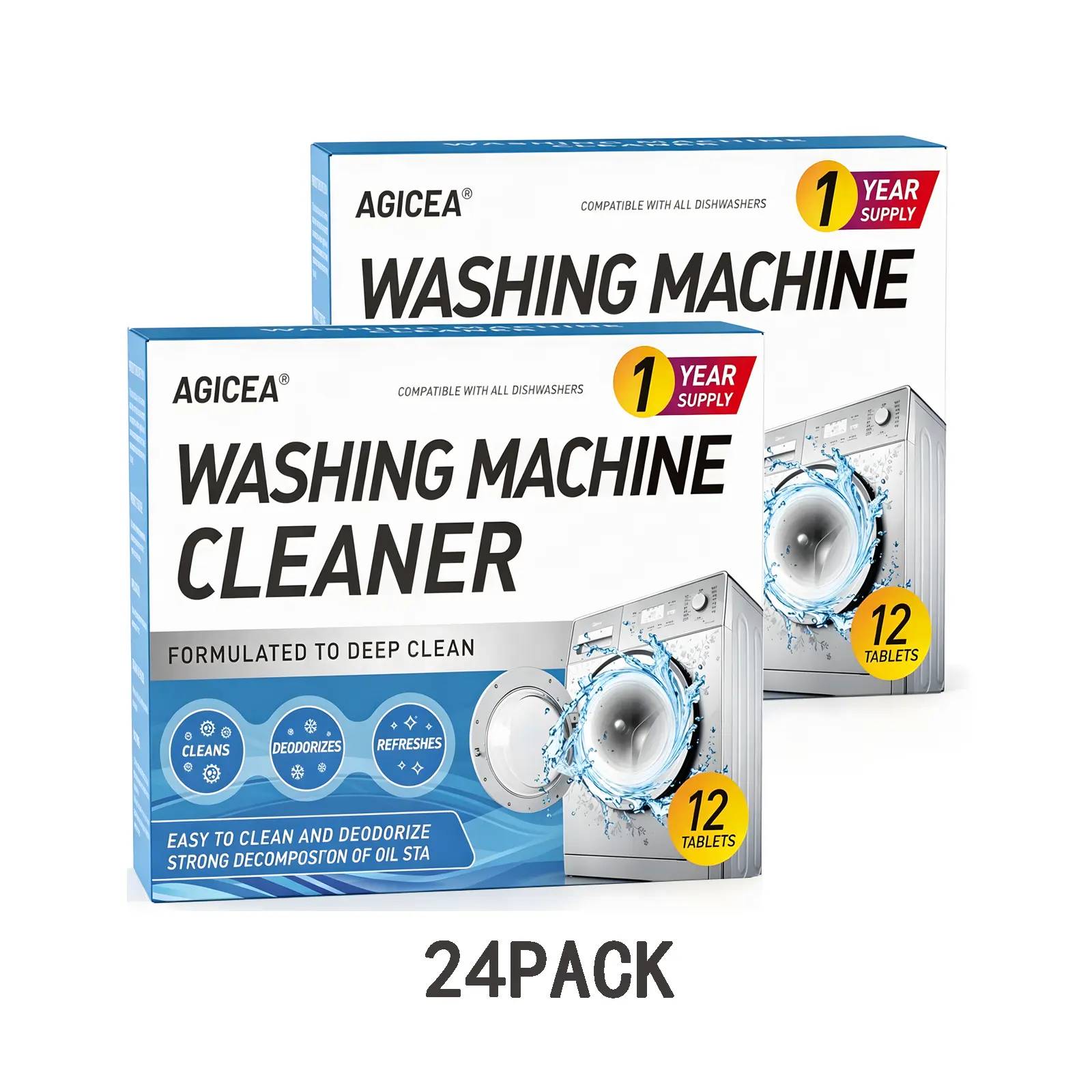 AGICEA Washing Machine Cleaner Descaler 12 Pack - Deep Cleaning Tablets For HE Front Loader & Top Load Washer, Septic Safe Eco-Friendly Deodorizer, Clean Inside Drum And Laundry Tub Seal - 12 Month Supply Multifunction Strong Deodorization, Summervibes