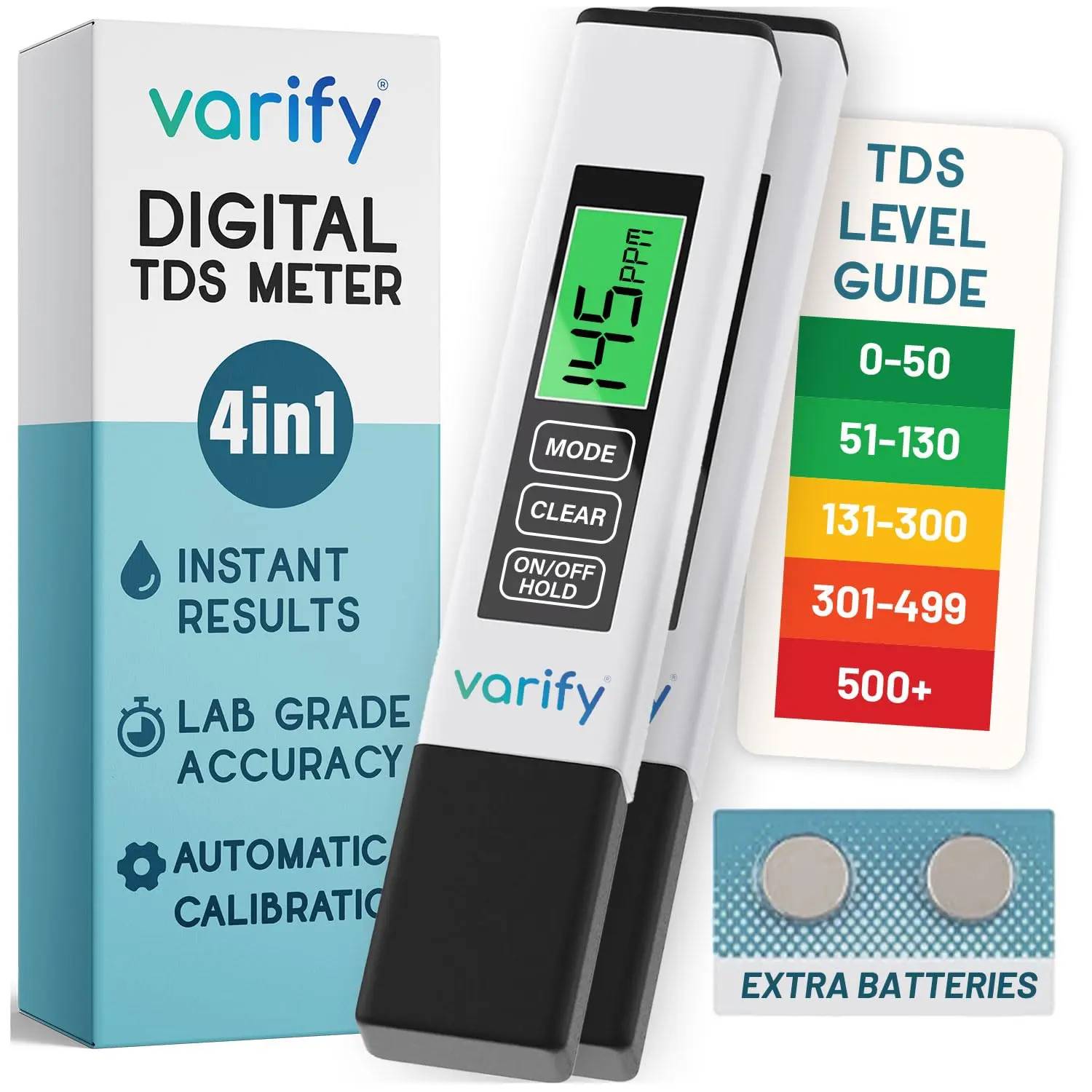 VARIFY 4-in-1 Digital Water Quality Tester - Accurate 0-9990 PPM, EC & Temp Readings, Compact, Battery-Powered, Portable for Home, Office, RO Systems, Swimming Pools (Halloween Sales)