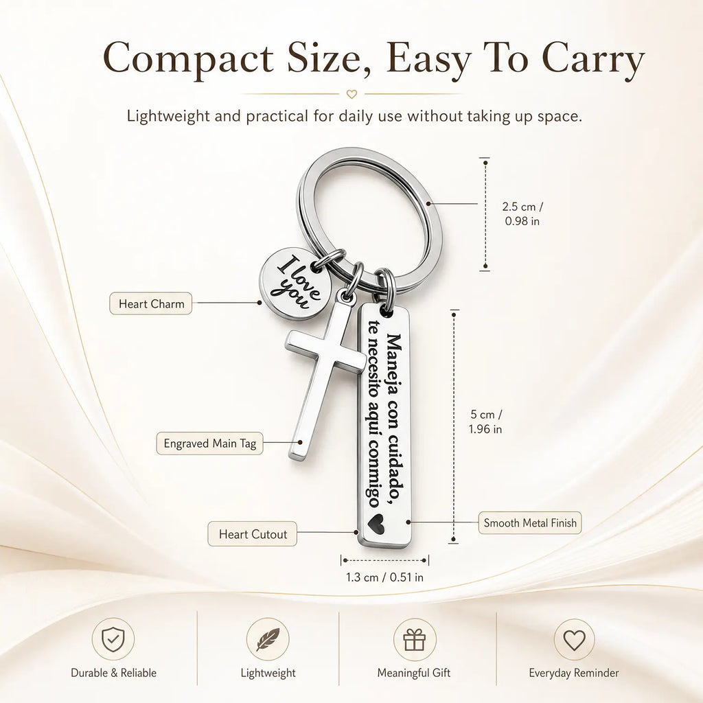 Maneja Con Cuidado Te Necesito Aquí Conmigo Keychain with Cross & "I Love You" Charm, Spanish Drive Safe Stainless Steel Keyring, Romantic Religious Gift for Him/Her Adjustable Heart Rate Couples Bracelet Set Rotating Retractable Reading Badge Holder