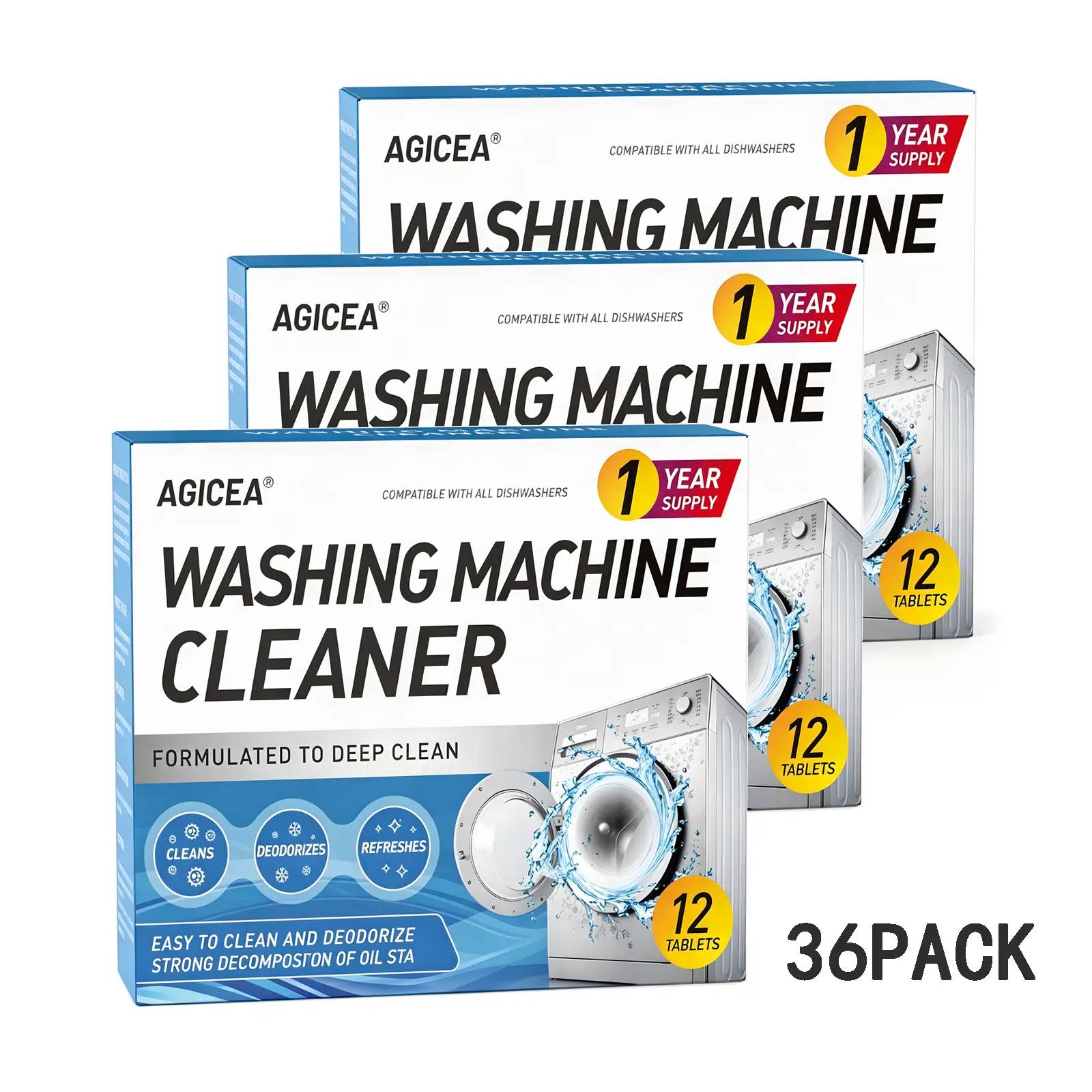 AGICEA Washing Machine Cleaner Descaler 12 Pack - Deep Cleaning Tablets For HE Front Loader & Top Load Washer, Septic Safe Eco-Friendly Deodorizer, Clean Inside Drum And Laundry Tub Seal - 12 Month Supply Multifunction Strong Deodorization, Summervibes