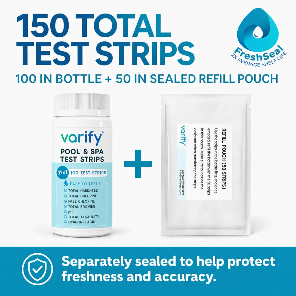VARIFY 7-in-1 Multi-Parameter Pool & Spa Water Testing Strips Kit - Outdoor Pools Maintenance, Under 30s Results, Double Seal, Freshseal Accuracy Preservation, pH+Alk Check, Hardness, Chlorine, Bromine, Cyanuric Acid (150 Strips)