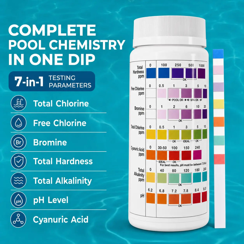 VARIFY 7-in-1 Multi-Parameter Pool & Spa Water Testing Strips Kit - Outdoor Pools Maintenance, Under 30s Results, Double Seal, Freshseal Accuracy Preservation, pH+Alk Check, Hardness, Chlorine, Bromine, Cyanuric Acid (150 Strips)