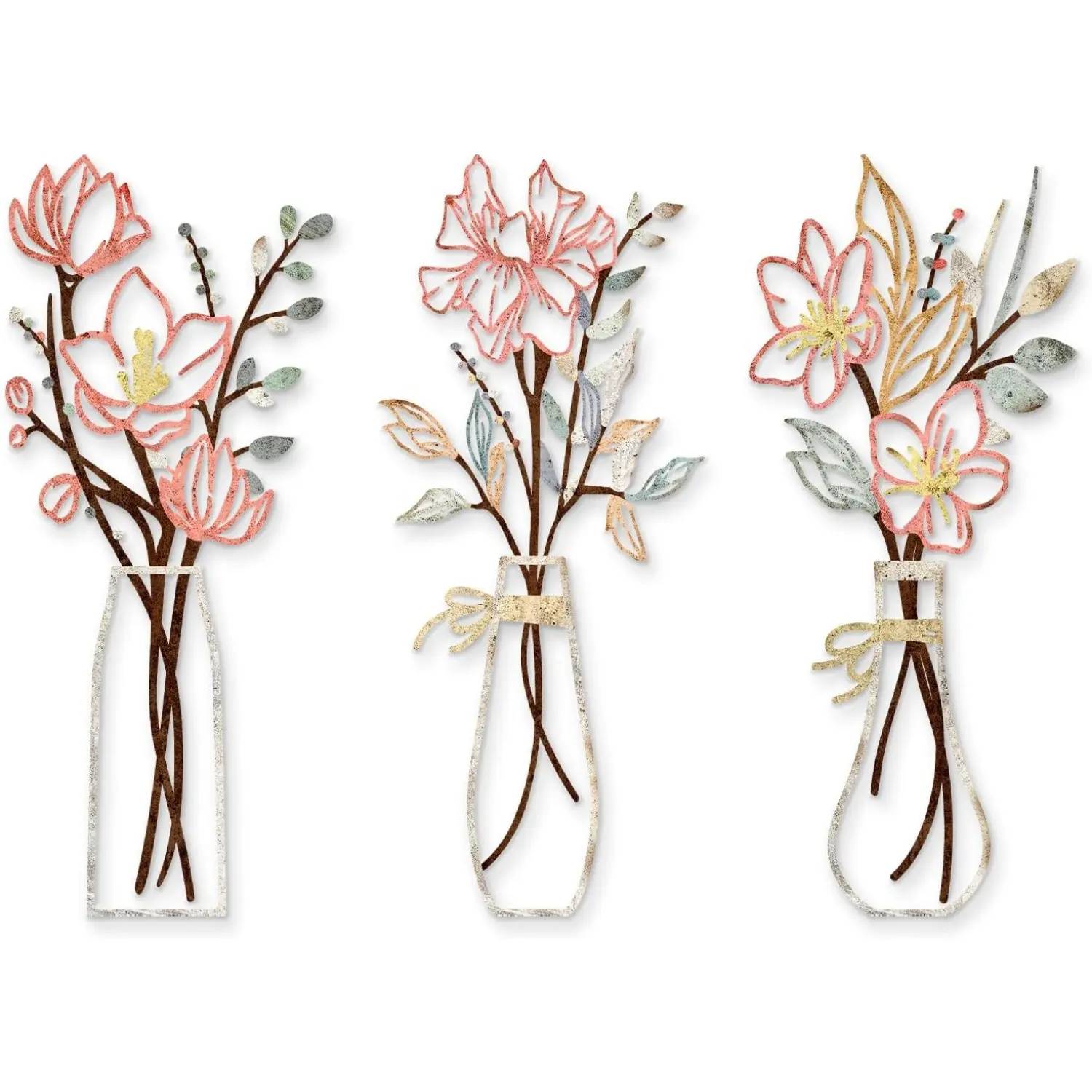 3 Pcs Multicolored Metal Flowers Wall Art - 13.8x6 in Artistic Decoration, Aesthetic Home Decor Bathroom Decor Set for Farmhouse Front Porch Housewarming Gifts