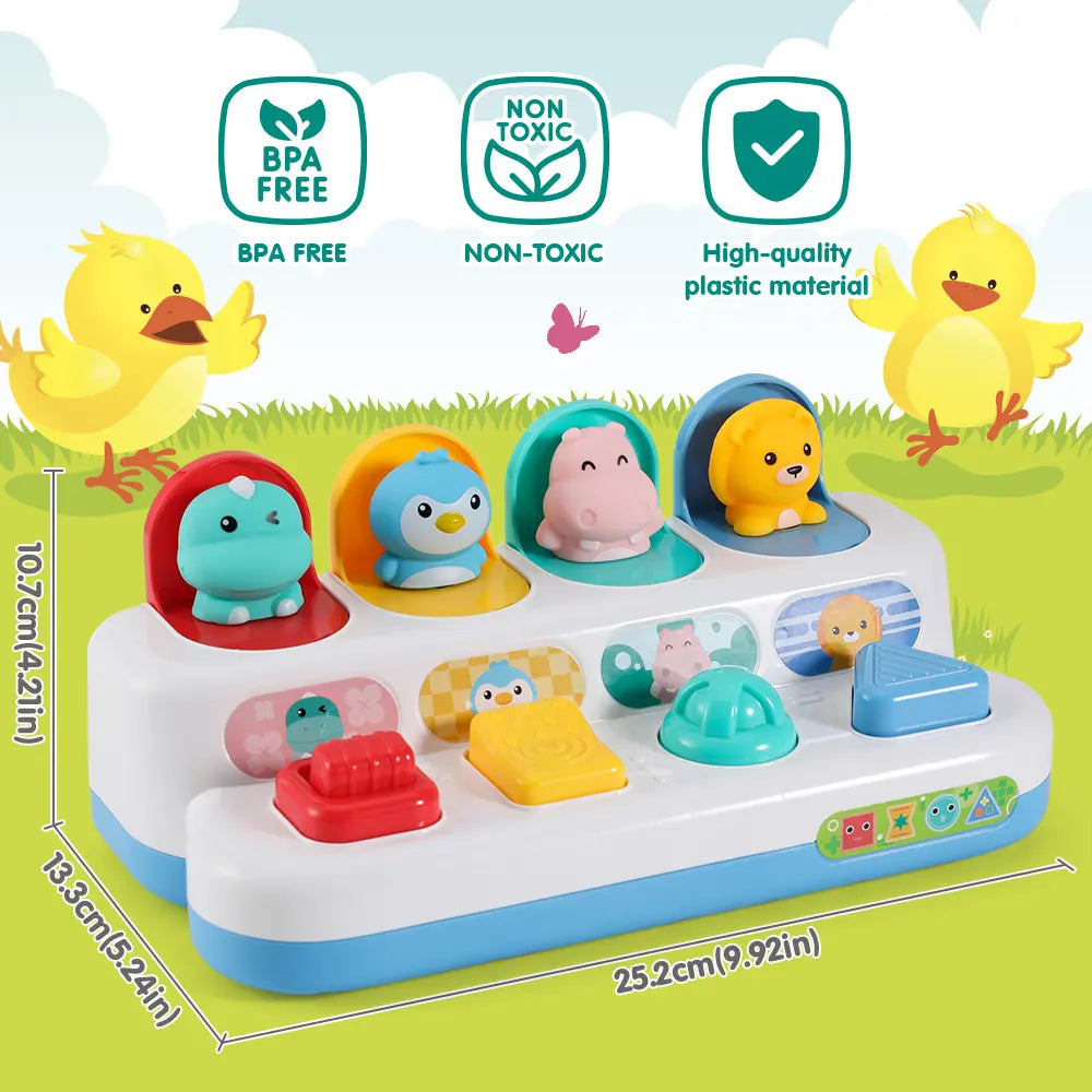 Portable Montessori Shape Sorter Baby Pop-Up Toy with Wood Accents - Unisex Animal Pals Peekaboo Surprise, Mechanical Clicks, 4 Activities, Multi-Sensory Fine Motor Practice for 9m+ Toddlers (Kids Toys)