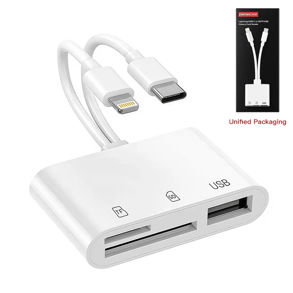 SD card reader is suitable for iPhone and iPad cameras. It has a USB C dual-card slot and USB 3.0 storage card reader. It supports SD/TF cards and can be used as a tracking camera viewer. SD card adapter is a portable Micro SD card reader.