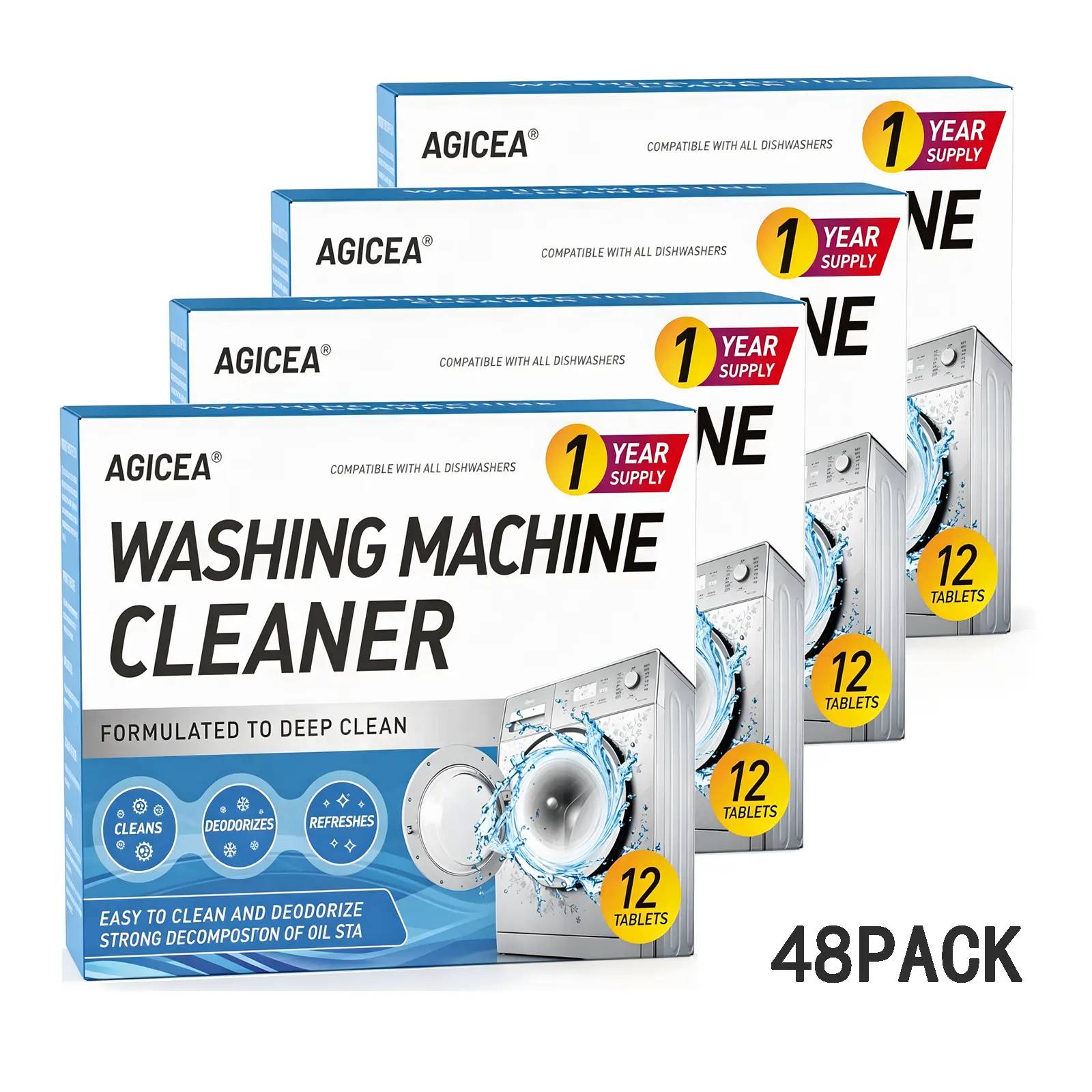 AGICEA Washing Machine Cleaner Descaler 12 Pack - Deep Cleaning Tablets For HE Front Loader & Top Load Washer, Septic Safe Eco-Friendly Deodorizer, Clean Inside Drum And Laundry Tub Seal - 12 Month Supply Multifunction Strong Deodorization, Summervibes