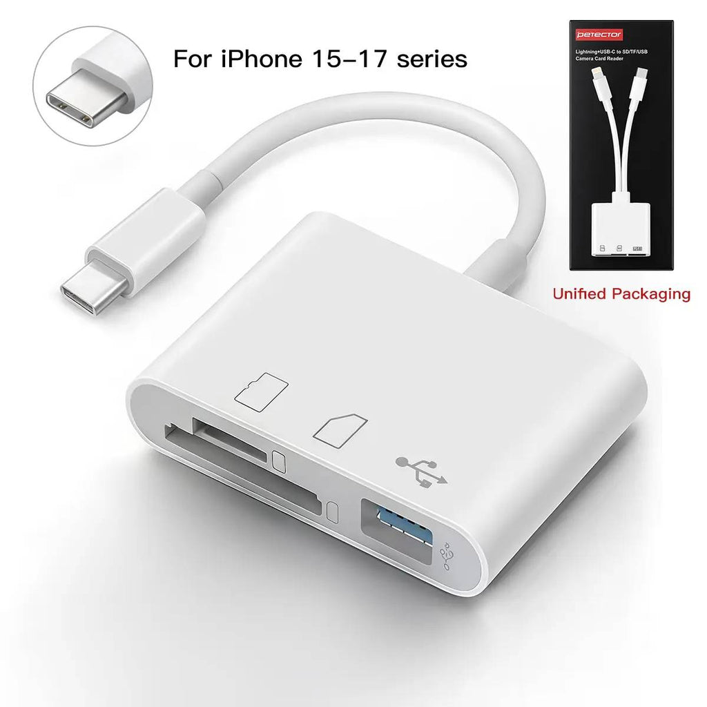 SD card reader is suitable for iPhone and iPad cameras. It has a USB C dual-card slot and USB 3.0 storage card reader. It supports SD/TF cards and can be used as a tracking camera viewer. SD card adapter is a portable Micro SD card reader.