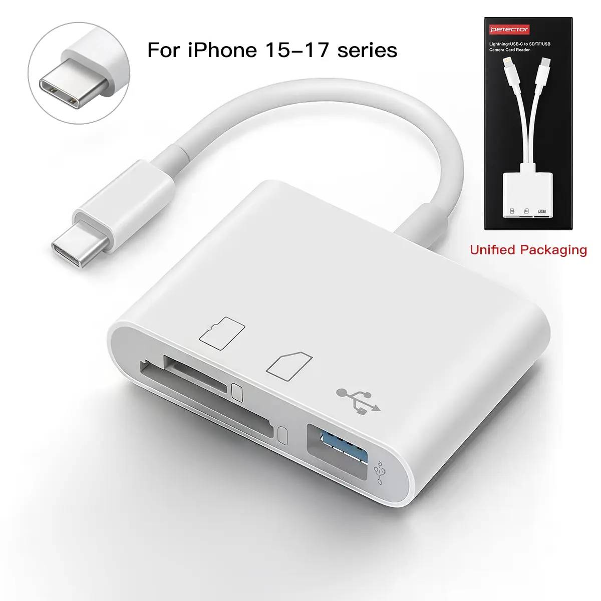 SD card reader is suitable for iPhone and iPad cameras. It has a USB C dual-card slot and USB 3.0 storage card reader. It supports SD/TF cards and can be used as a tracking camera viewer. SD card adapter is a portable Micro SD card reader.