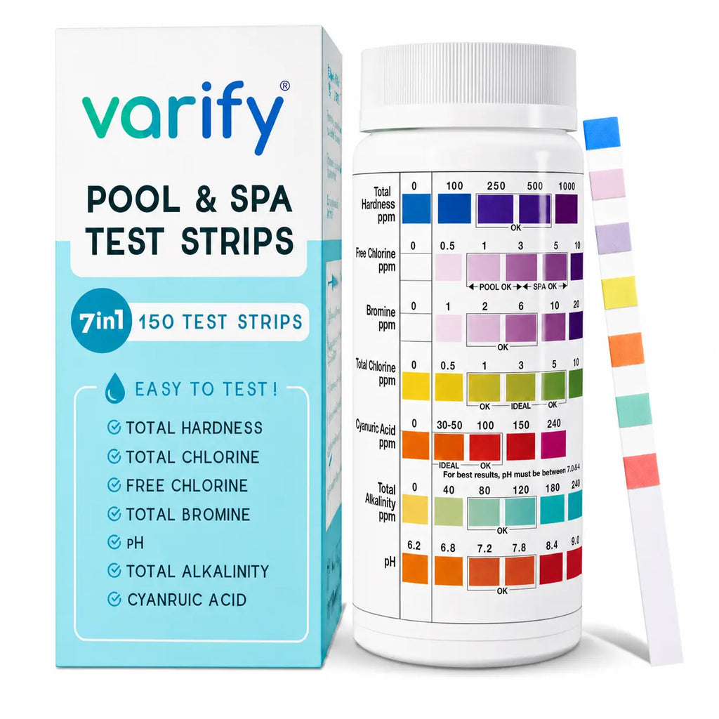 VARIFY 7-in-1 Multi-Parameter Pool & Spa Water Testing Strips Kit - Outdoor Pools Maintenance, Under 30s Results, Double Seal, Freshseal Accuracy Preservation, pH+Alk Check, Hardness, Chlorine, Bromine, Cyanuric Acid (150 Strips)
