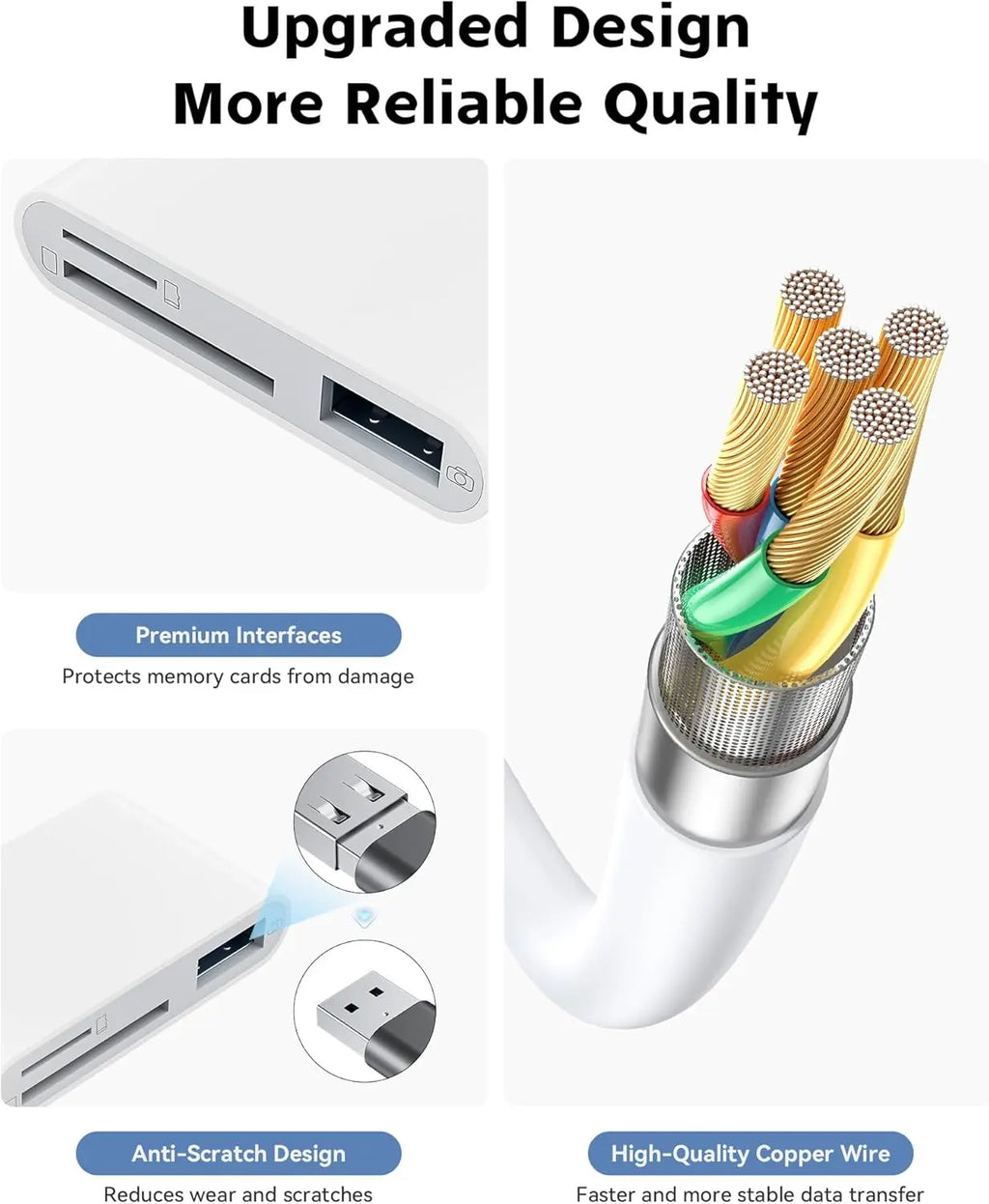 SD card reader is suitable for iPhone and iPad cameras. It has a USB C dual-card slot and USB 3.0 storage card reader. It supports SD/TF cards and can be used as a tracking camera viewer. SD card adapter is a portable Micro SD card reader.