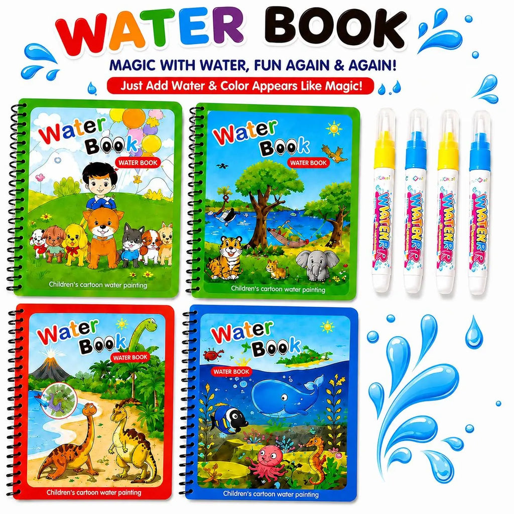 Kids Reusable Magic Water Coloring Book - 7.3in x 5.1in Spiral Notebook, Child-Friendly, Cartoon Color-Reveal Pages, Refillable Water Pens, Travel-Ready Book, Ages 2-6 Preschool Learning Kids Toy, Easter Cool Gifts, Party Favors, Toddler Birthday Presents