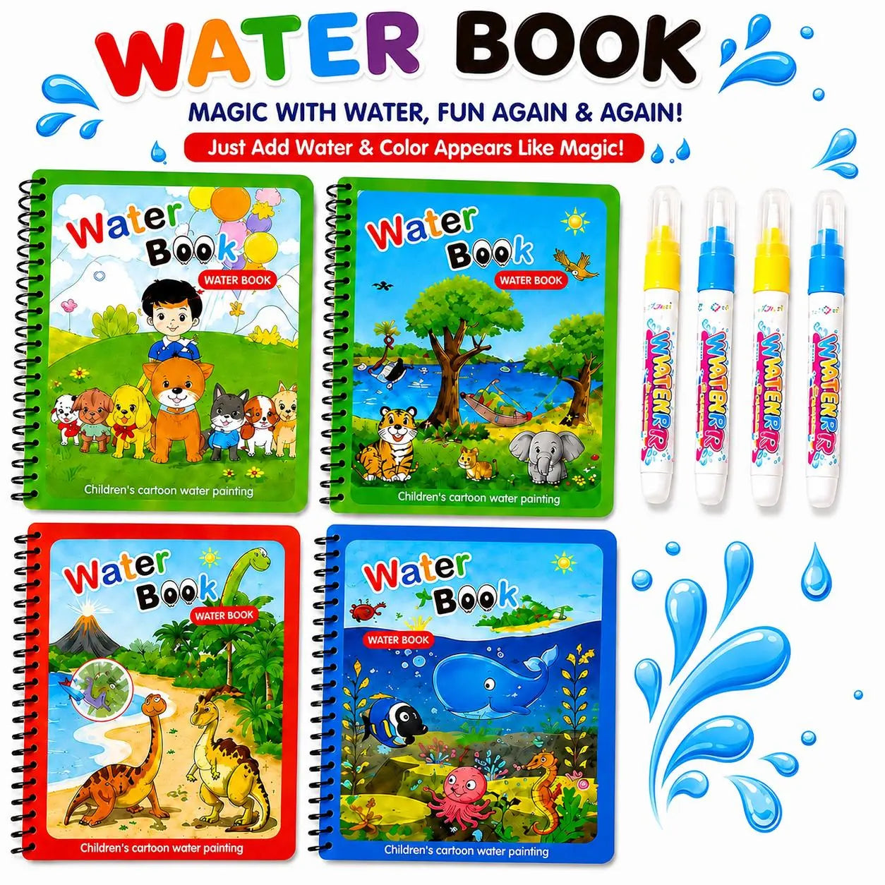 Kids Reusable Magic Water Coloring Book - 7.3in x 5.1in Spiral Notebook, Child-Friendly, Cartoon Color-Reveal Pages, Refillable Water Pens, Travel-Ready Book, Ages 2-6 Preschool Learning Kids Toy, Easter Cool Gifts, Party Favors, Toddler Birthday Presents