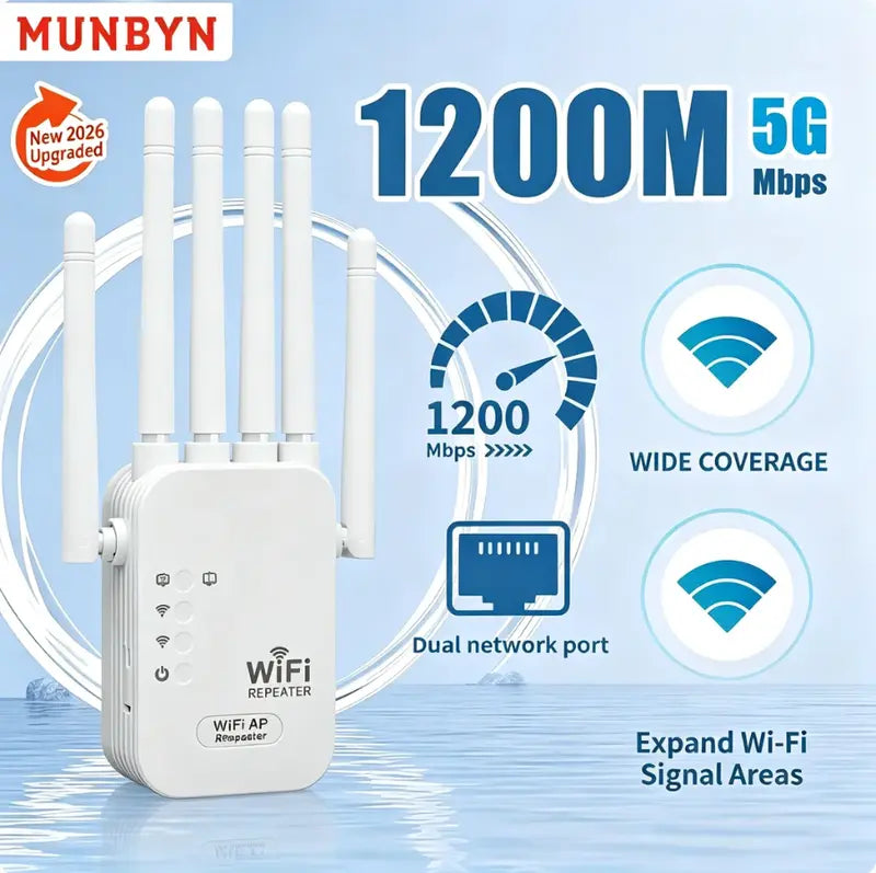 MUNBYN Wi-Fi Extender 2026 - 1200Mbps Dual Band Repeater (5GHz/2.4GHz) with 4 Antennas, Ethernet Port, Covers 10000 sq.ft, Connects 50 Devices for Home Use, Multi-Antenna Dual Band Wi-Fi Extender Repeaters