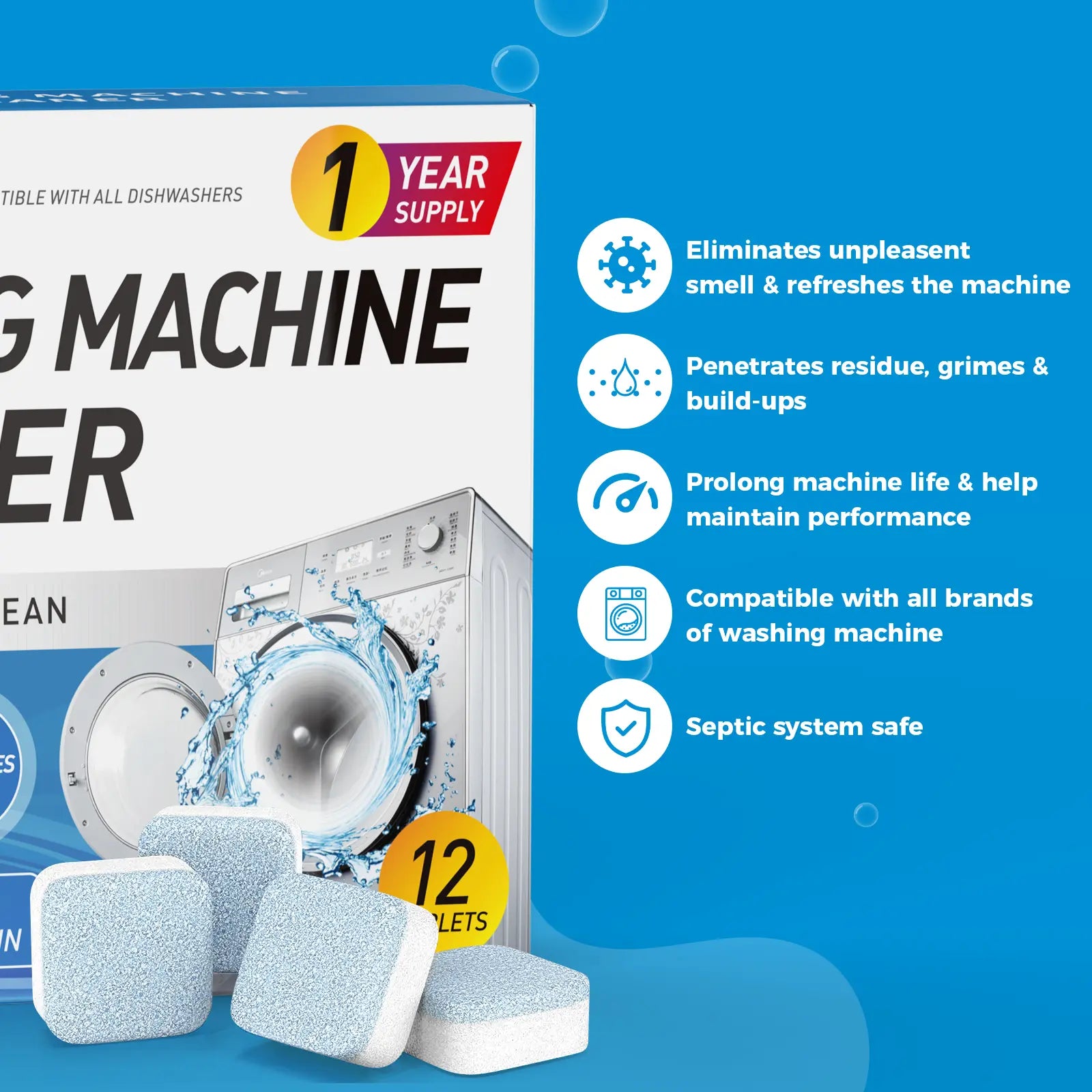 AGICEA Washing Machine Cleaner Descaler 12 Pack - Deep Cleaning Tablets For HE Front Loader & Top Load Washer, Septic Safe Eco-Friendly Deodorizer, Clean Inside Drum And Laundry Tub Seal - 12 Month Supply Multifunction Strong Deodorization, Summervibes