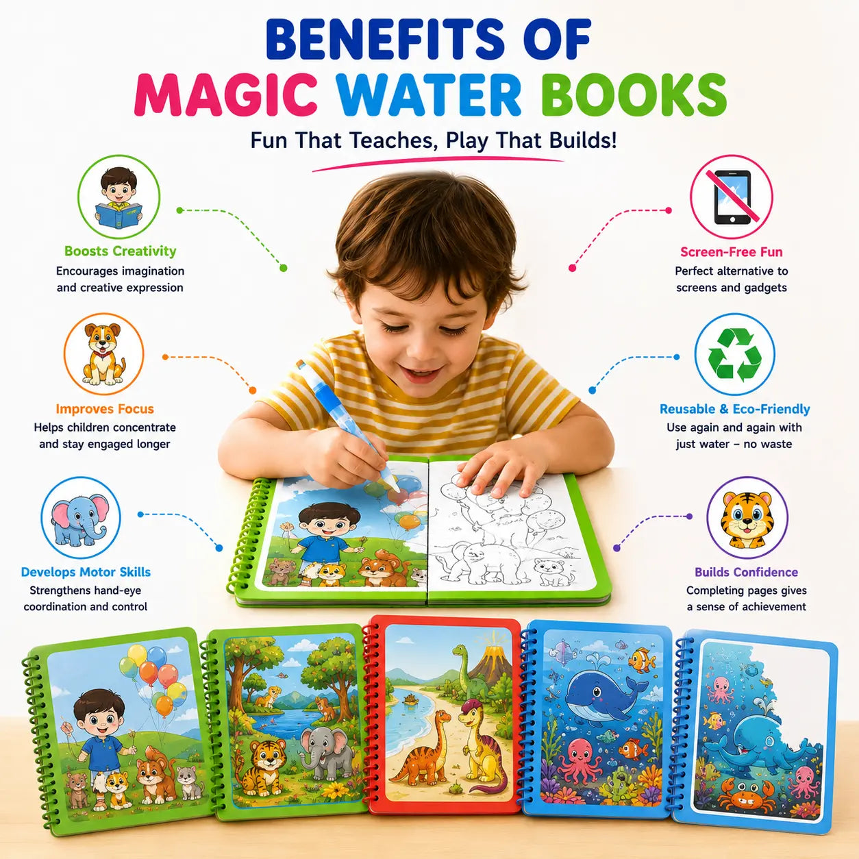 Kids Reusable Magic Water Coloring Book - 7.3in x 5.1in Spiral Notebook, Child-Friendly, Cartoon Color-Reveal Pages, Refillable Water Pens, Travel-Ready Book, Ages 2-6 Preschool Learning Kids Toy, Easter Cool Gifts, Party Favors, Toddler Birthday Presents