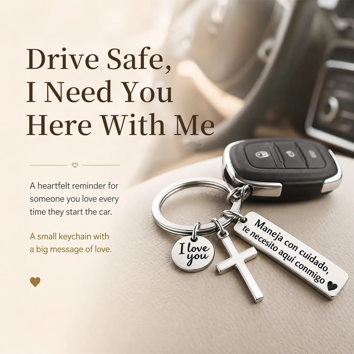 Maneja Con Cuidado Te Necesito Aquí Conmigo Keychain with Cross & "I Love You" Charm, Spanish Drive Safe Stainless Steel Keyring, Romantic Religious Gift for Him/Her Adjustable Heart Rate Couples Bracelet Set Rotating Retractable Reading Badge Holder