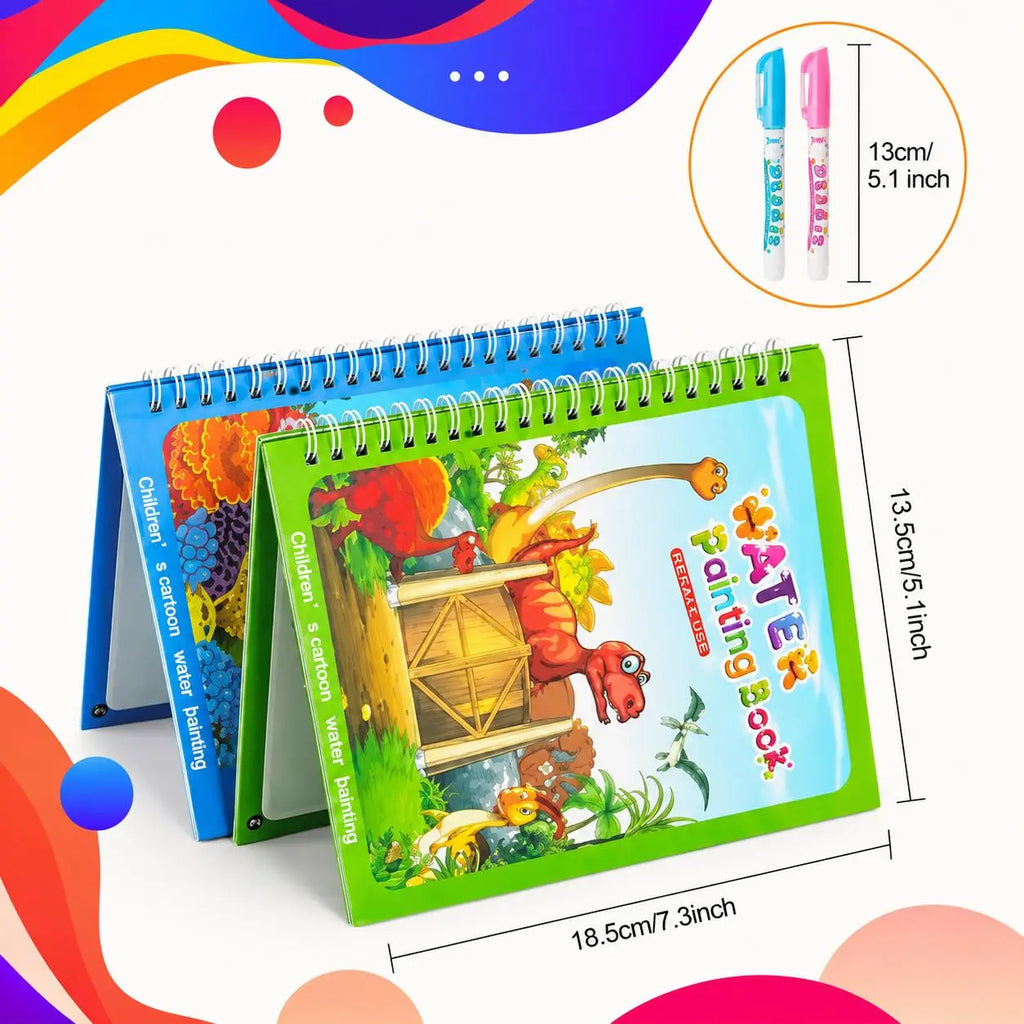 Kids Reusable Magic Water Coloring Book - 7.3in x 5.1in Spiral Notebook, Child-Friendly, Cartoon Color-Reveal Pages, Refillable Water Pens, Travel-Ready Book, Ages 2-6 Preschool Learning Kids Toy, Easter Cool Gifts, Party Favors, Toddler Birthday Presents