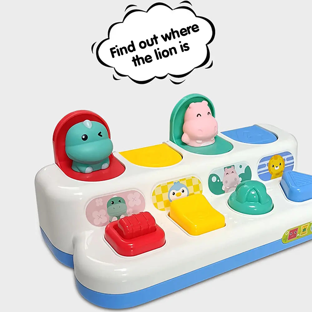 Portable Montessori Shape Sorter Baby Pop-Up Toy with Wood Accents - Unisex Animal Pals Peekaboo Surprise, Mechanical Clicks, 4 Activities, Multi-Sensory Fine Motor Practice for 9m+ Toddlers (Kids Toys)