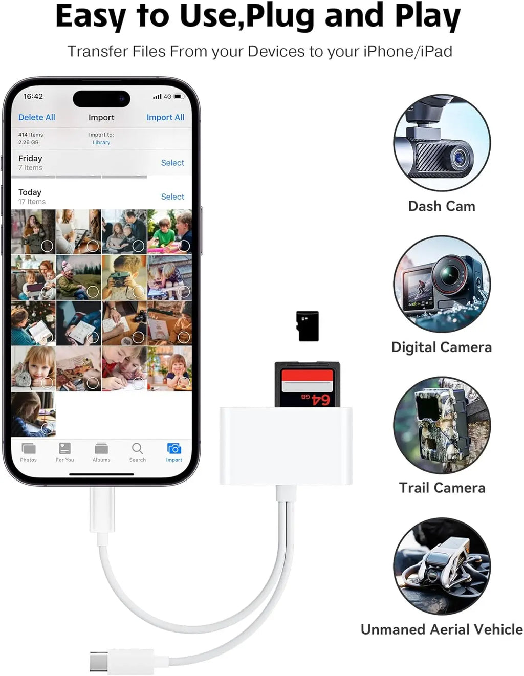 SD card reader is suitable for iPhone and iPad cameras. It has a USB C dual-card slot and USB 3.0 storage card reader. It supports SD/TF cards and can be used as a tracking camera viewer. SD card adapter is a portable Micro SD card reader.
