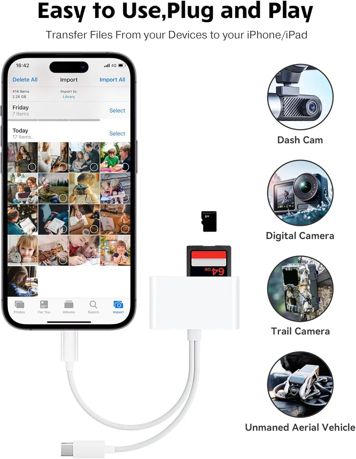 SD card reader is suitable for iPhone and iPad cameras. It has a USB C dual-card slot and USB 3.0 storage card reader. It supports SD/TF cards and can be used as a tracking camera viewer. SD card adapter is a portable Micro SD card reader.