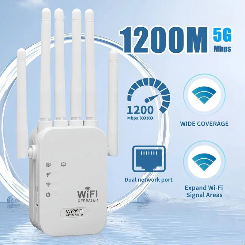 MUNBYN Wi-Fi Extender 2026 - 1200Mbps Dual Band Repeater (5GHz/2.4GHz) with 4 Antennas, Ethernet Port, Covers 10000 sq.ft, Connects 50 Devices for Home Use, Multi-Antenna Dual Band Wi-Fi Extender Repeaters
