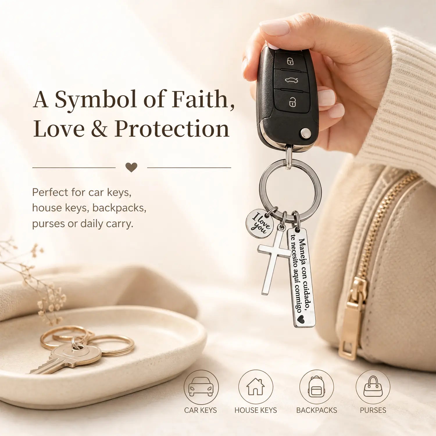 Maneja Con Cuidado Te Necesito Aquí Conmigo Keychain with Cross & "I Love You" Charm, Spanish Drive Safe Stainless Steel Keyring, Romantic Religious Gift for Him/Her Adjustable Heart Rate Couples Bracelet Set Rotating Retractable Reading Badge Holder