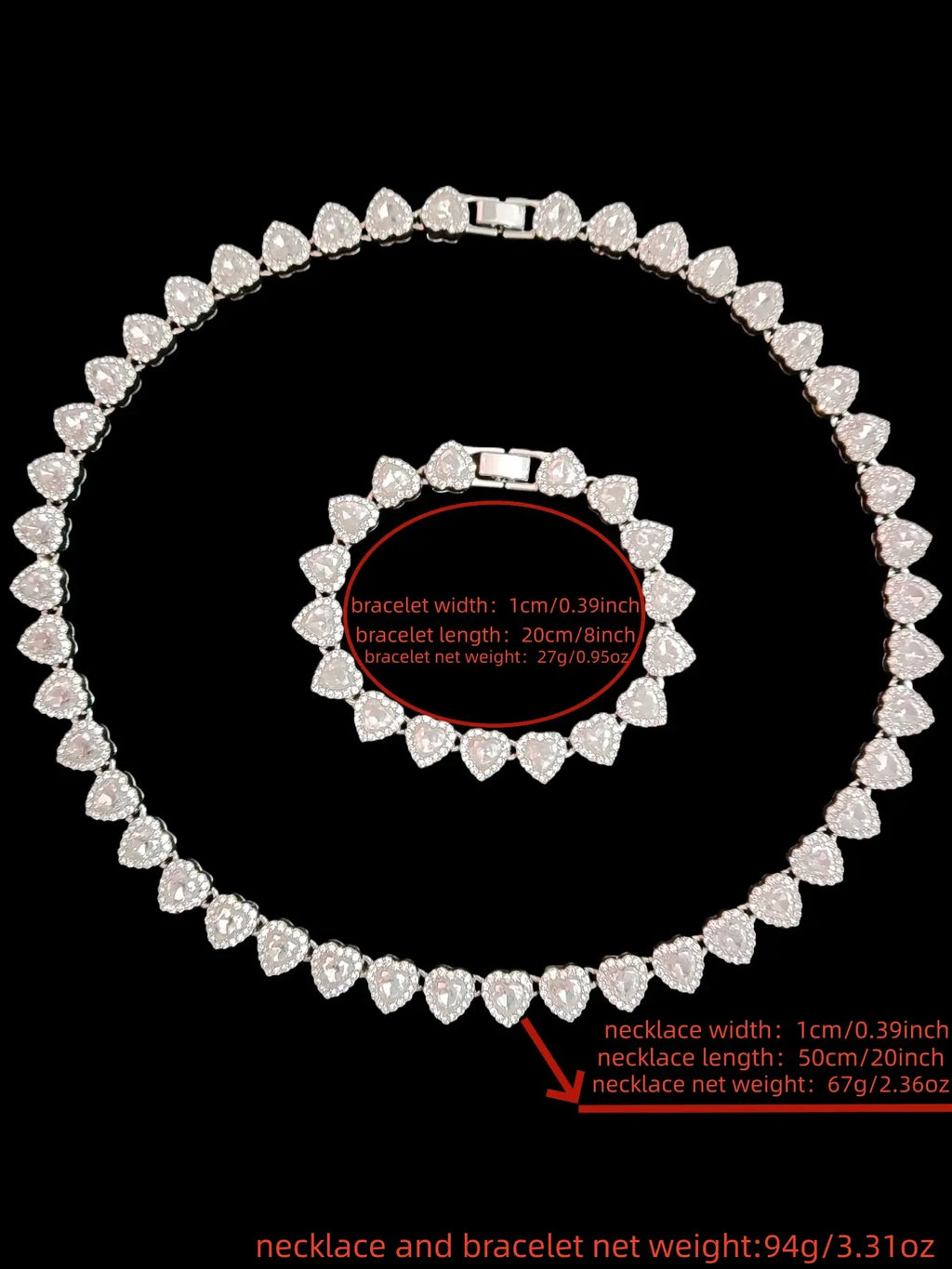 2Pieces/Set 10mm Love Heart Shape Chain Necklace and Bracelet Men or Women Hip Hop Iced Out Bling Bling Chain Necklace and Bracelet Fashion Set Jewelry Valentines Gift