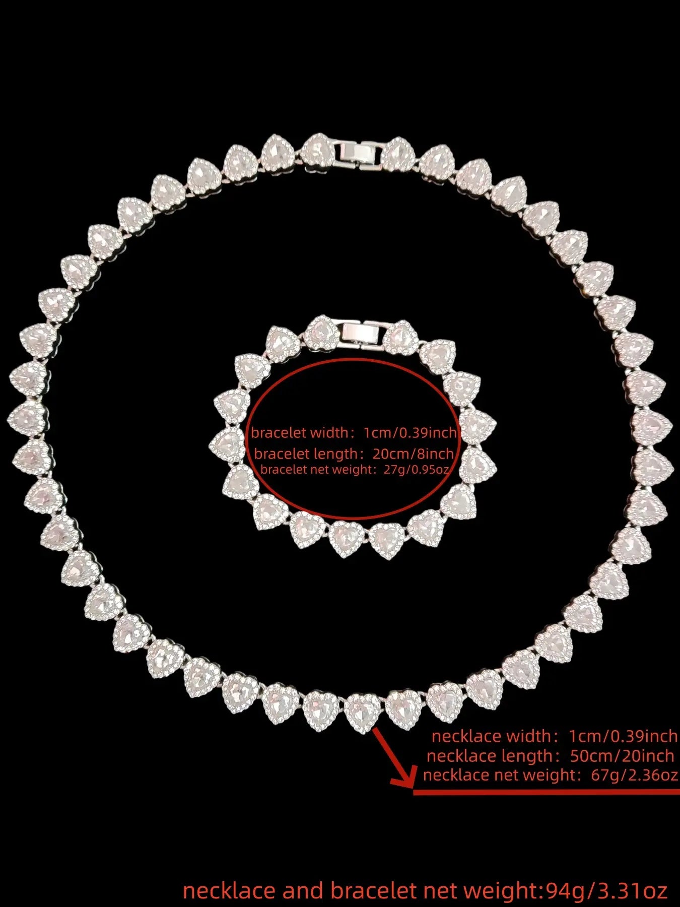 2Pieces/Set 10mm Love Heart Shape Chain Necklace and Bracelet Men or Women Hip Hop Iced Out Bling Bling Chain Necklace and Bracelet Fashion Set Jewelry Valentines Gift