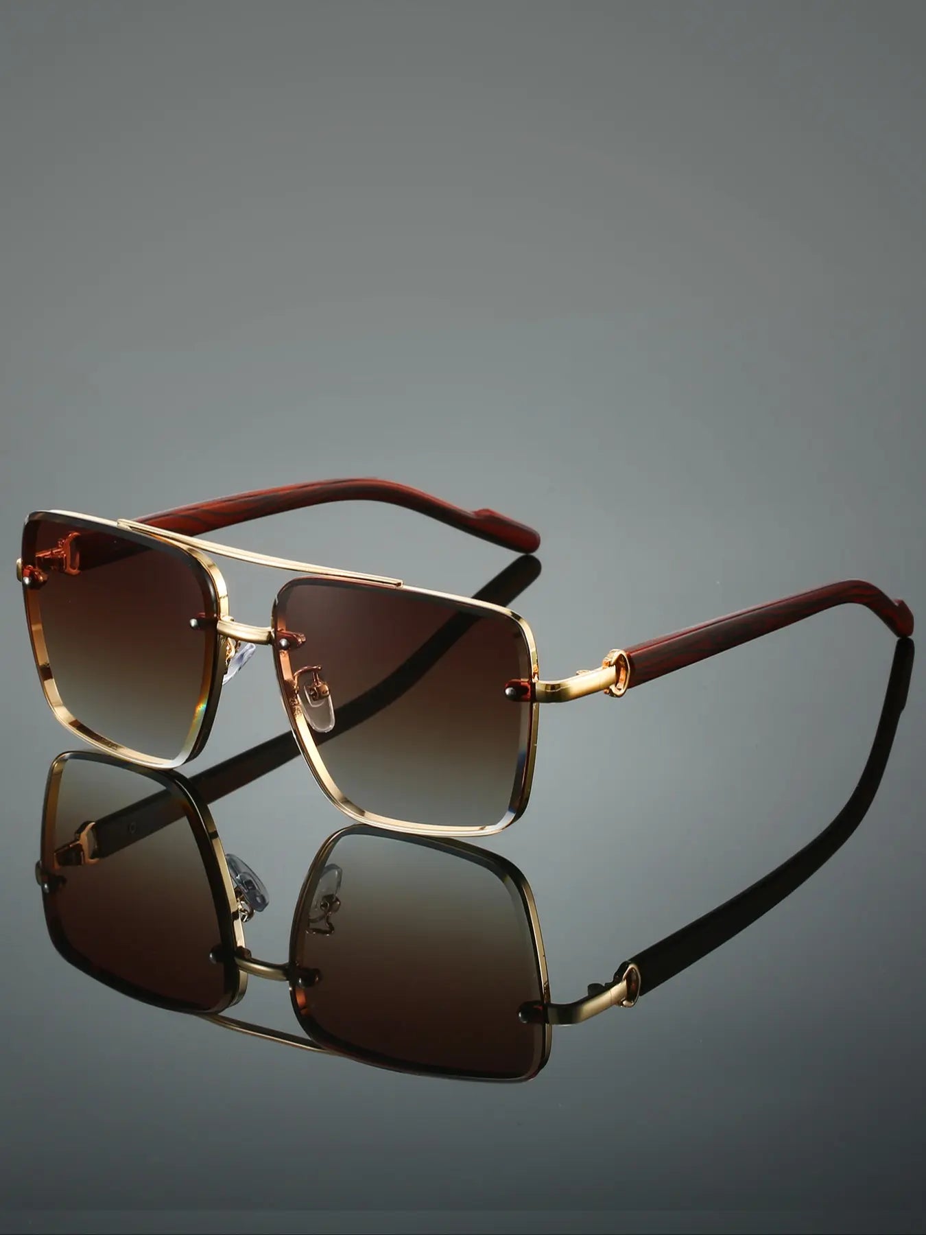 Men's New Full Frame Square Glasses, Retro Dual Bridge Design, Imitation Wood Texture Temples, Metal Frame, Classic Fashion Decorative Eyewear, Trendy Vintage Eyeglasses, Square Frames Eyeglasses, Fashionable Frames Glasses, Stylish Trendy Eyewear