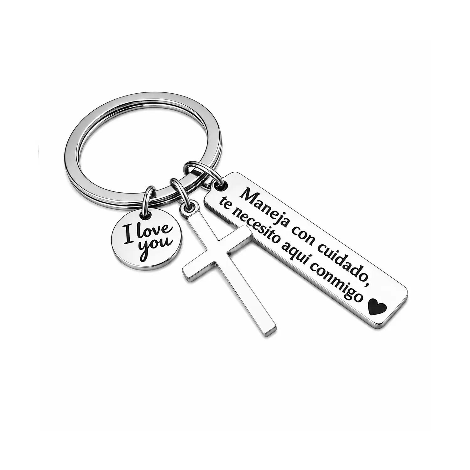 Maneja Con Cuidado Te Necesito Aquí Conmigo Keychain with Cross & "I Love You" Charm, Spanish Drive Safe Stainless Steel Keyring, Romantic Religious Gift for Him/Her Adjustable Heart Rate Couples Bracelet Set Rotating Retractable Reading Badge Holder