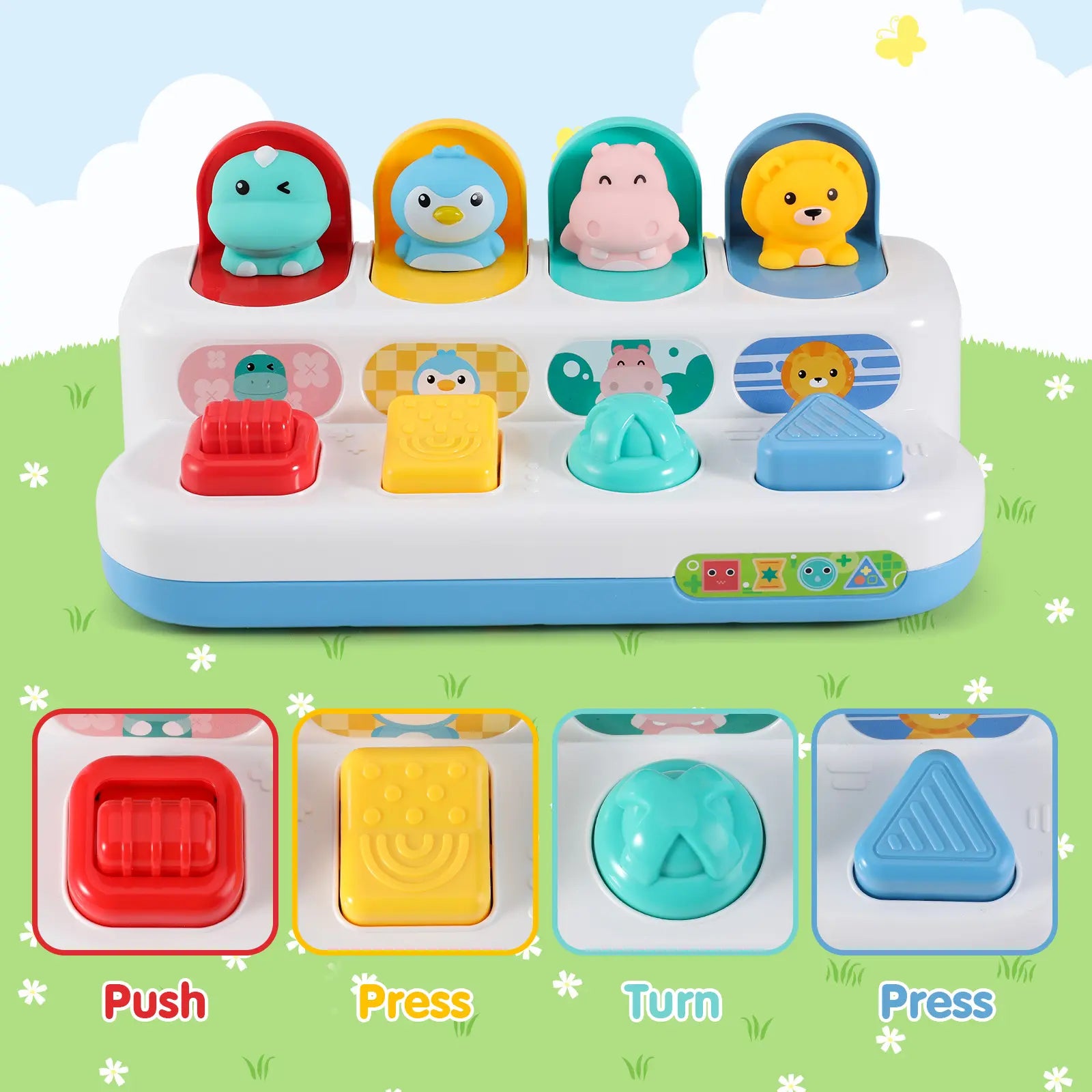 Portable Montessori Shape Sorter Baby Pop-Up Toy with Wood Accents - Unisex Animal Pals Peekaboo Surprise, Mechanical Clicks, 4 Activities, Multi-Sensory Fine Motor Practice for 9m+ Toddlers (Kids Toys)