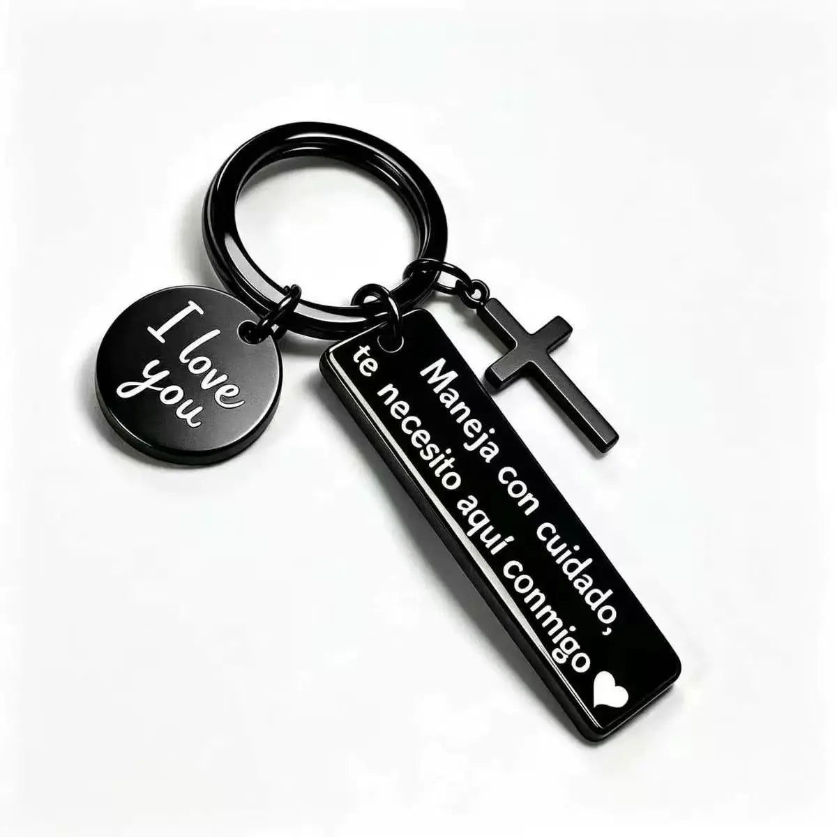 Maneja Con Cuidado Te Necesito Aquí Conmigo Keychain with Cross & "I Love You" Charm, Spanish Drive Safe Stainless Steel Keyring, Romantic Religious Gift for Him/Her Adjustable Heart Rate Couples Bracelet Set Rotating Retractable Reading Badge Holder