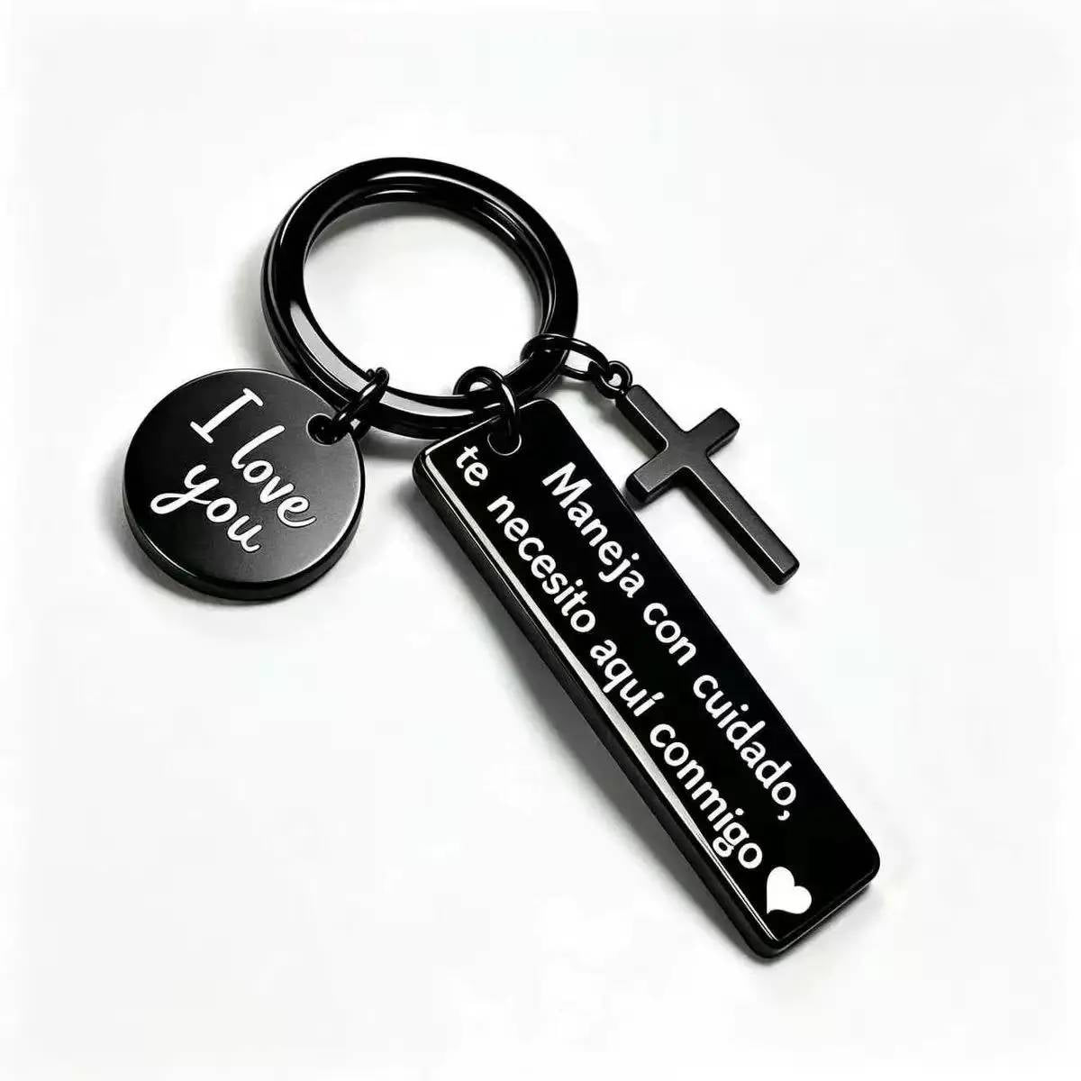 Maneja Con Cuidado Te Necesito Aquí Conmigo Keychain with Cross & "I Love You" Charm, Spanish Drive Safe Stainless Steel Keyring, Romantic Religious Gift for Him/Her Adjustable Heart Rate Couples Bracelet Set Rotating Retractable Reading Badge Holder