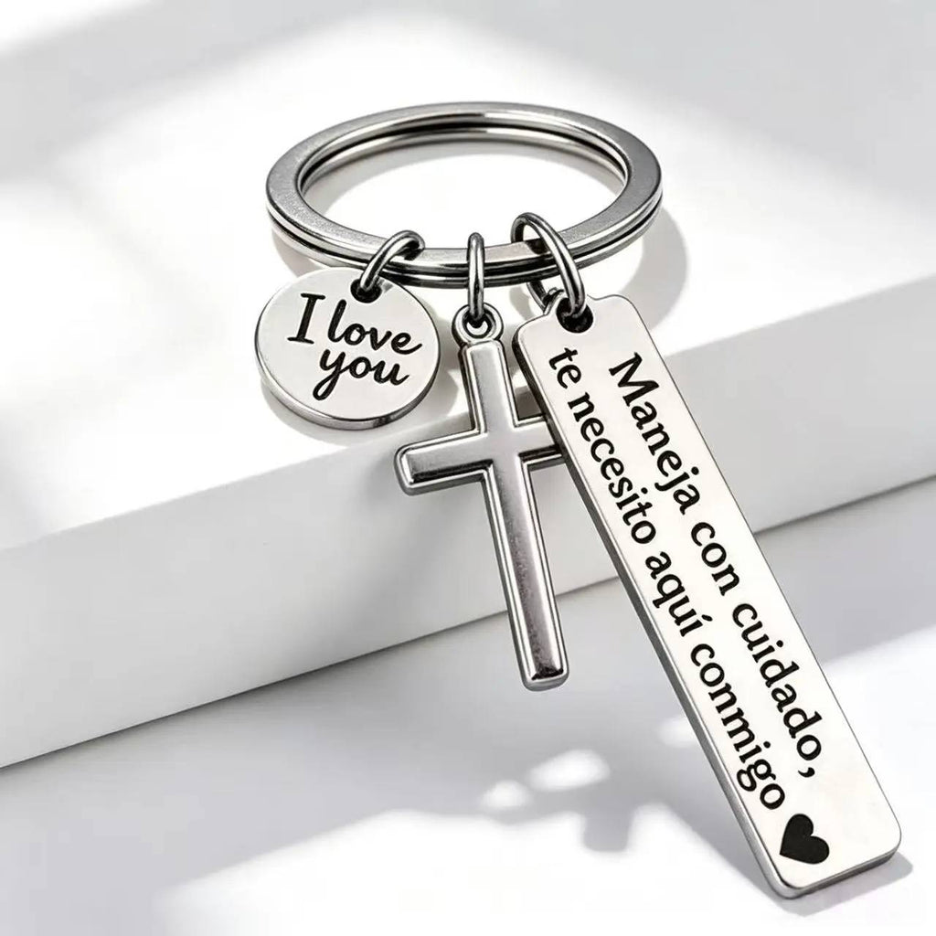 Maneja Con Cuidado Te Necesito Aquí Conmigo Keychain with Cross & "I Love You" Charm, Spanish Drive Safe Stainless Steel Keyring, Romantic Religious Gift for Him/Her Adjustable Heart Rate Couples Bracelet Set Rotating Retractable Reading Badge Holder