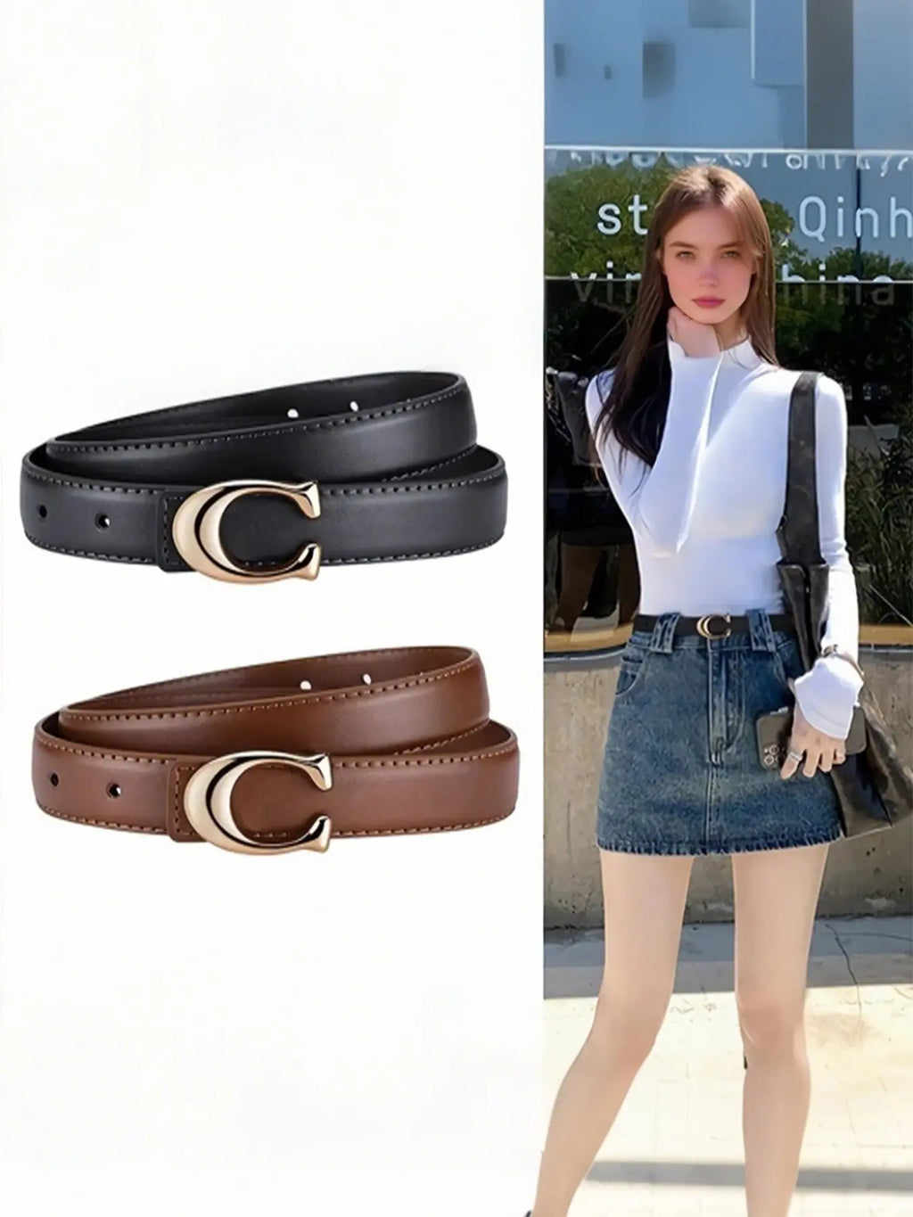 2pcs Women's New Fashion Belt, C-Shaped Alloy Buckle Design, Belt With Buckle, Casual Thin Waistband, Skinny Belts, Casual Trendy Waistband, Suitable for Jeans, Suits, Dresses, Versatile Fashion Belt