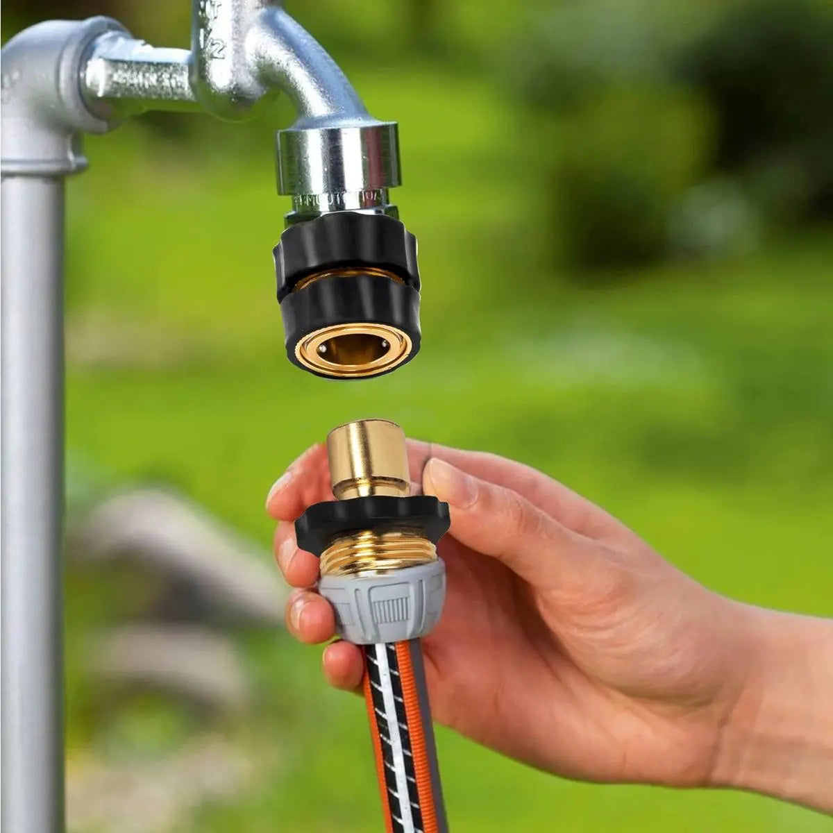 6PCS Aluminum Garden Water Connectors Set Pack, Leak-Proof Durable Fittings with Quick-Click Fit, 3/4" Size Male & Female Ends and Rubber Washers for Outdoor Watering & Irrigation