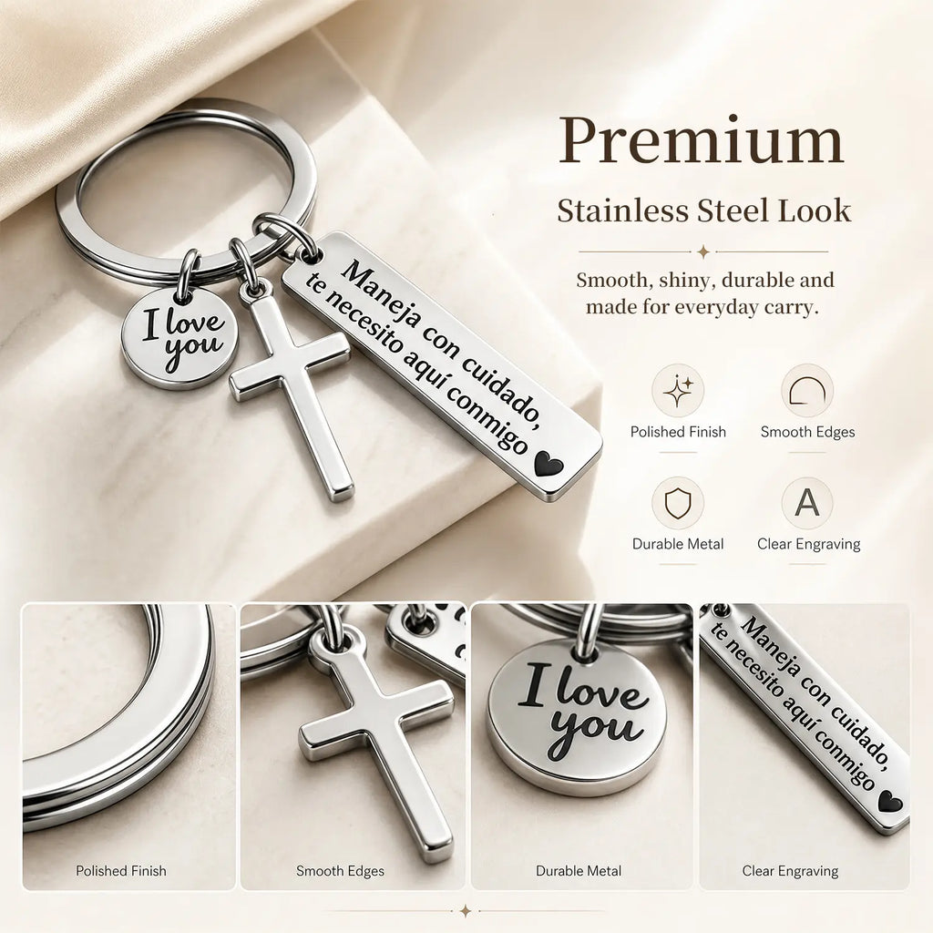 Maneja Con Cuidado Te Necesito Aquí Conmigo Keychain with Cross & "I Love You" Charm, Spanish Drive Safe Stainless Steel Keyring, Romantic Religious Gift for Him/Her Adjustable Heart Rate Couples Bracelet Set Rotating Retractable Reading Badge Holder