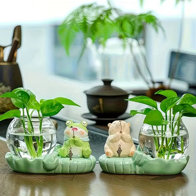 Cute Fish Pond Hydroponic Flower Pot, Ceramic Cat/Frog Shaped Decorative Item without Plants, Office Green Culture Vase, Lazy Hydroponic Planters Set, Planting Container, Desktop Healing Gift