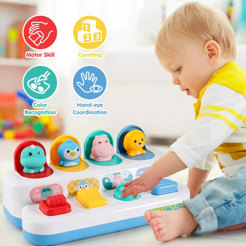 Portable Montessori Shape Sorter Baby Pop-Up Toy with Wood Accents - Unisex Animal Pals Peekaboo Surprise, Mechanical Clicks, 4 Activities, Multi-Sensory Fine Motor Practice for 9m+ Toddlers (Kids Toys)