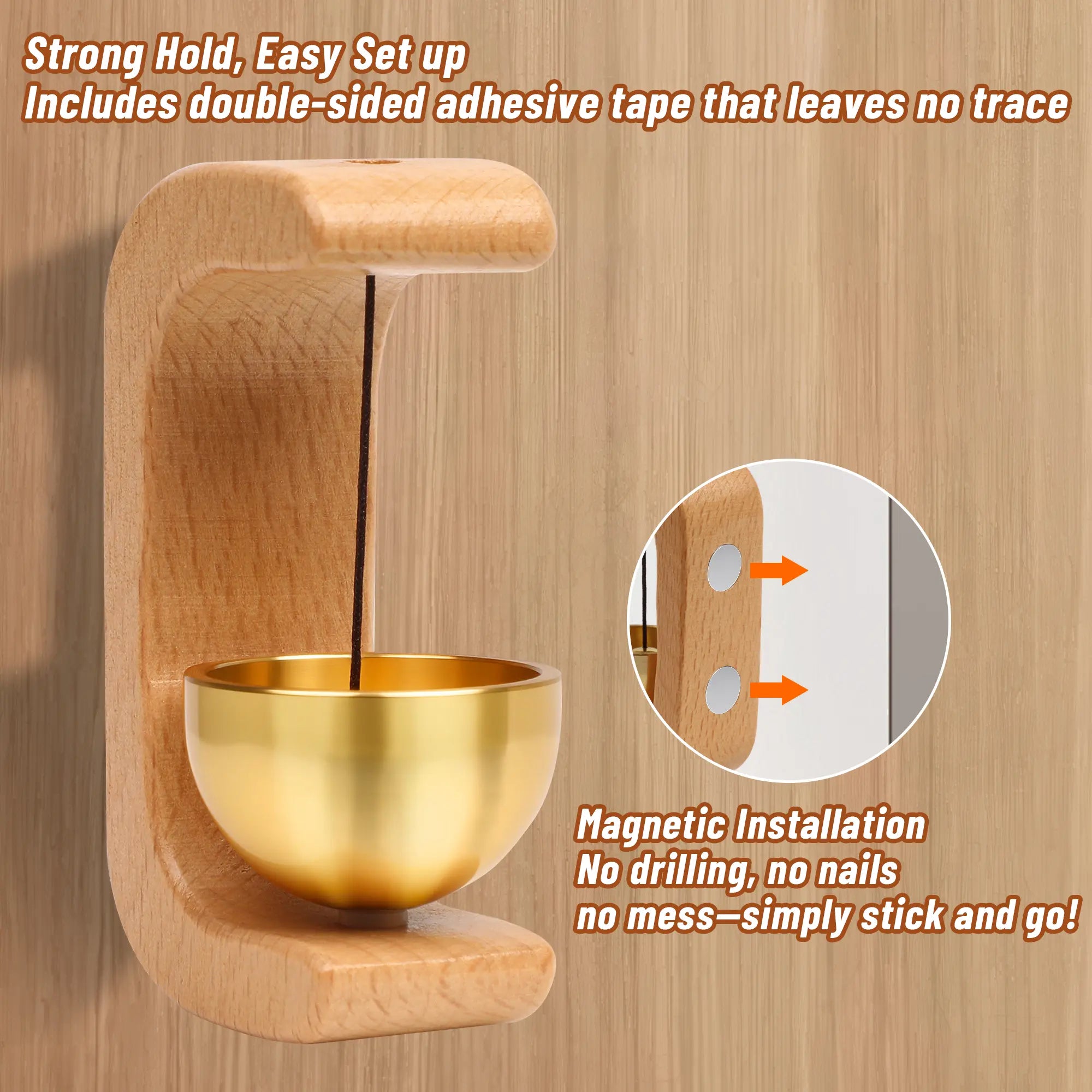 Magnetic Wind Chime Vintage Wooden Brass Bell Comes with Double Side Tape for Door Opening Shopkeepers Bell for Porch Wooden Frames Home Decor & Gift sohochic