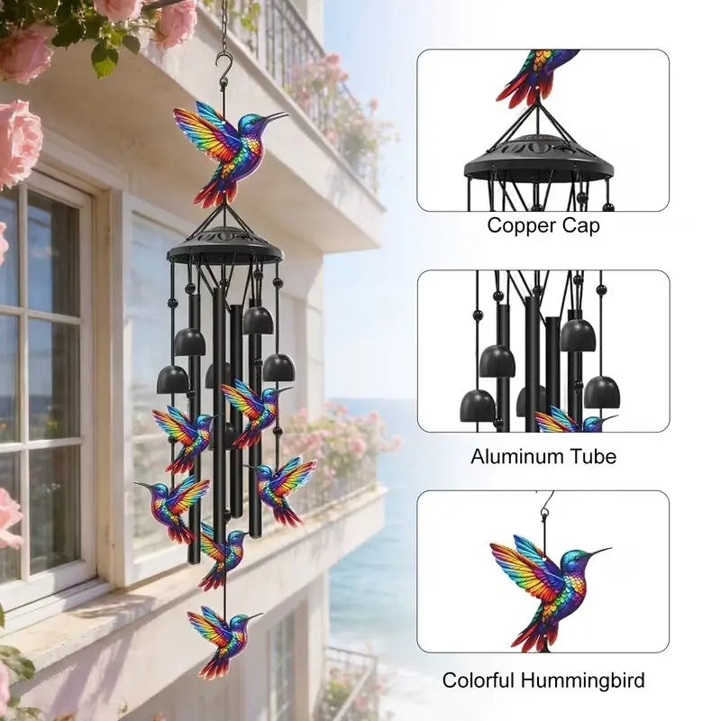 Vintage Hummingbird Wind Chime with Metal Tubes and Bells, Musical Melodic Hanging Bell, Bird Lover Gift, for Soundscape Enthusiasts, Garden Decoration Accessories, Crafted