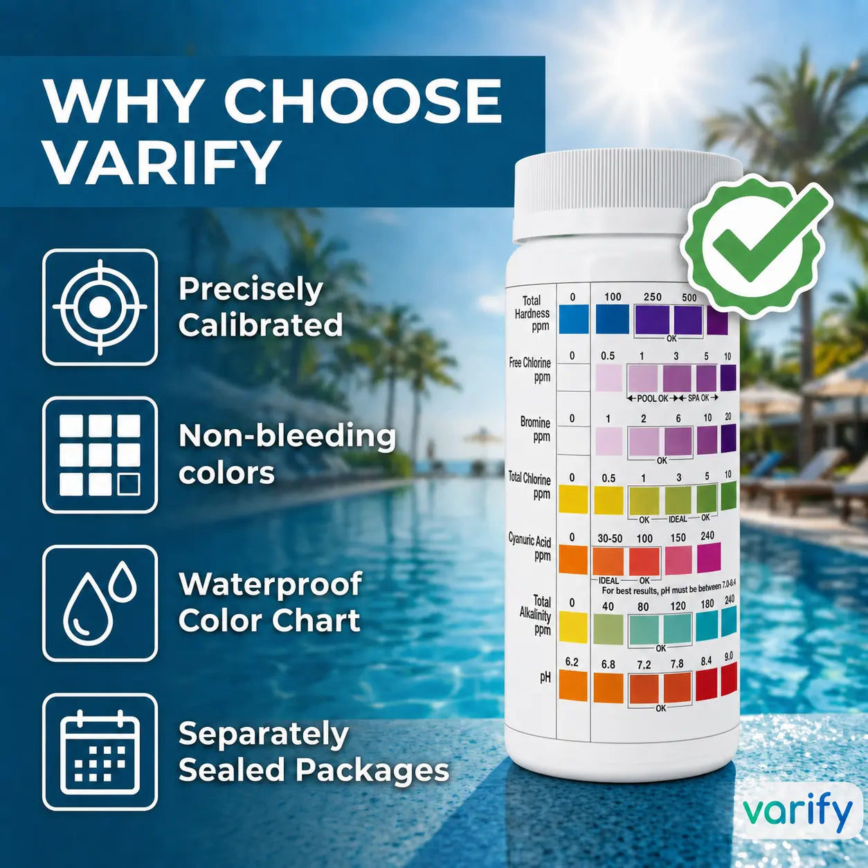 VARIFY 7-in-1 Multi-Parameter Pool & Spa Water Testing Strips Kit - Outdoor Pools Maintenance, Under 30s Results, Double Seal, Freshseal Accuracy Preservation, pH+Alk Check, Hardness, Chlorine, Bromine, Cyanuric Acid (150 Strips)